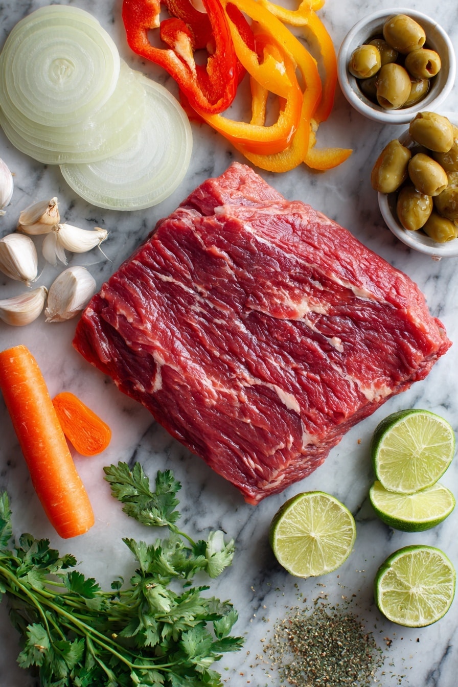 Flat lay of a large raw London broil beef steak, vibrant red and marbled, surrounded by halved and sliced yellow onion rings, thin strips of red and green bell peppers, whole peeled garlic cloves, a bright orange carrot sliced lengthwise, plump green olives, a small heap of dried oregano and ground cumin, fresh green cilantro leaves scattered around, and lime wedges with bright green skin and juicy pulp, all beautifully arranged on a white marble surface, photo taken with an iphone --ar 2:3 --v 7 - Slow Cooker Ropa Vieja, Cuban shredded beef stew, easy Cuban recipes, beef stew in slow cooker, authentic Cuban dishes