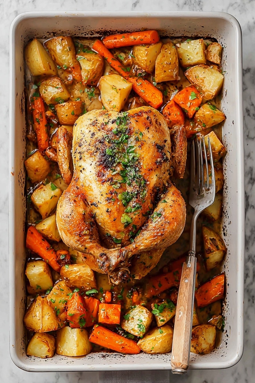 The image shows a whole roasted chicken with a golden brown crispy skin, placed in the center of a white rectangular baking pan. Surrounding the chicken are large chunks of light golden roast potatoes and bright orange roasted carrot pieces mixed with bits of green herbs. The chicken has a slightly glossy texture with some black pepper specks, and fresh chopped green herbs are sprinkled on top and over the vegetables. A silver fork with a wooden handle rests on the right side of the pan, and the whole scene sits on a white marbled textured surface. Photo taken with an iphone --ar 2:3 --v 7 - Slow Roasted Herb-Infused Whole Chicken, herb roasted chicken, easy baked whole chicken, tender roast chicken, flavorful chicken recipe