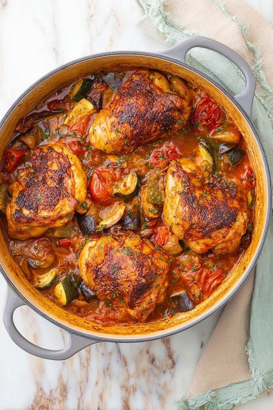 A round gray pot filled with four browned chicken leg pieces arranged evenly on top. The chicken pieces have a crispy, slightly charred skin and rest in a chunky vegetable sauce with visible pieces of red tomatoes, green zucchini, and dark purple eggplant. The sauce is thick and glossy, covering the veggies and chicken partially. The pot is placed on a white marbled surface with a folded beige and pale blue cloth nearby. Photo taken with an iphone --ar 2:3 --v 7 - Mediterranean Chicken Stew, Chicken Stew with Mediterranean Flavors, Healthy Chicken Stew Recipe, Easy Mediterranean Chicken Dish, Hearty Chicken Stew with Vegetables