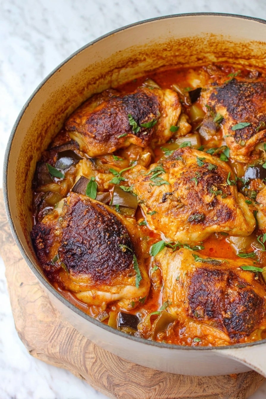 A round white pot holds four large pieces of cooked chicken with golden brown, slightly charred skin sitting on top of a stew with visible chunks of eggplant and tomato in a thick reddish-orange sauce, all layered evenly, filling the pot and creating a rustic and warm look. The pot rests on a wooden board placed over a white marbled surface. Photo taken with an iphone --ar 2:3 --v 7 - Mediterranean Chicken Stew, Chicken Stew with Mediterranean Flavors, Healthy Chicken Stew Recipe, Easy Mediterranean Chicken Dish, Hearty Chicken Stew with Vegetables