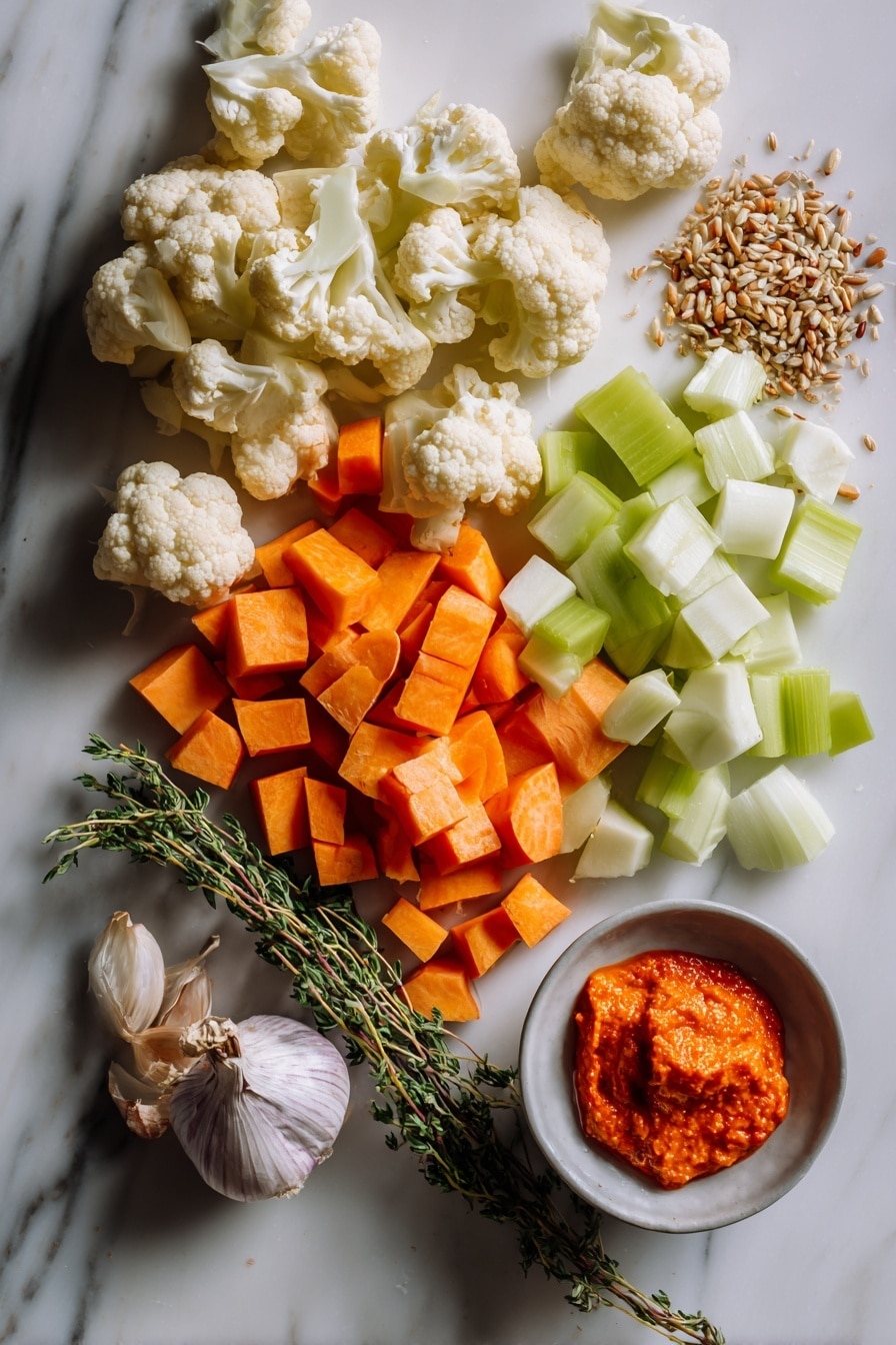 Flat lay of small cauliflower florets, peeled and chopped sweet potatoes, diced shallots, sliced celery sticks, peeled and sliced carrot, minced garlic cloves, dried thyme and dried tarragon sprigs, bright orange tomato paste dollop, and a small pile of grainy mustard seeds, all beautifully arranged with vibrant colors and natural textures, placed on a white marble surface, photo taken with an iphone --ar 2:3 --v 7 - Creamy Cauliflower & Sweet Potato Chowder, vegan cauliflower soup, healthy sweet potato soup, comforting veggie chowder, gluten-free vegetable soup
