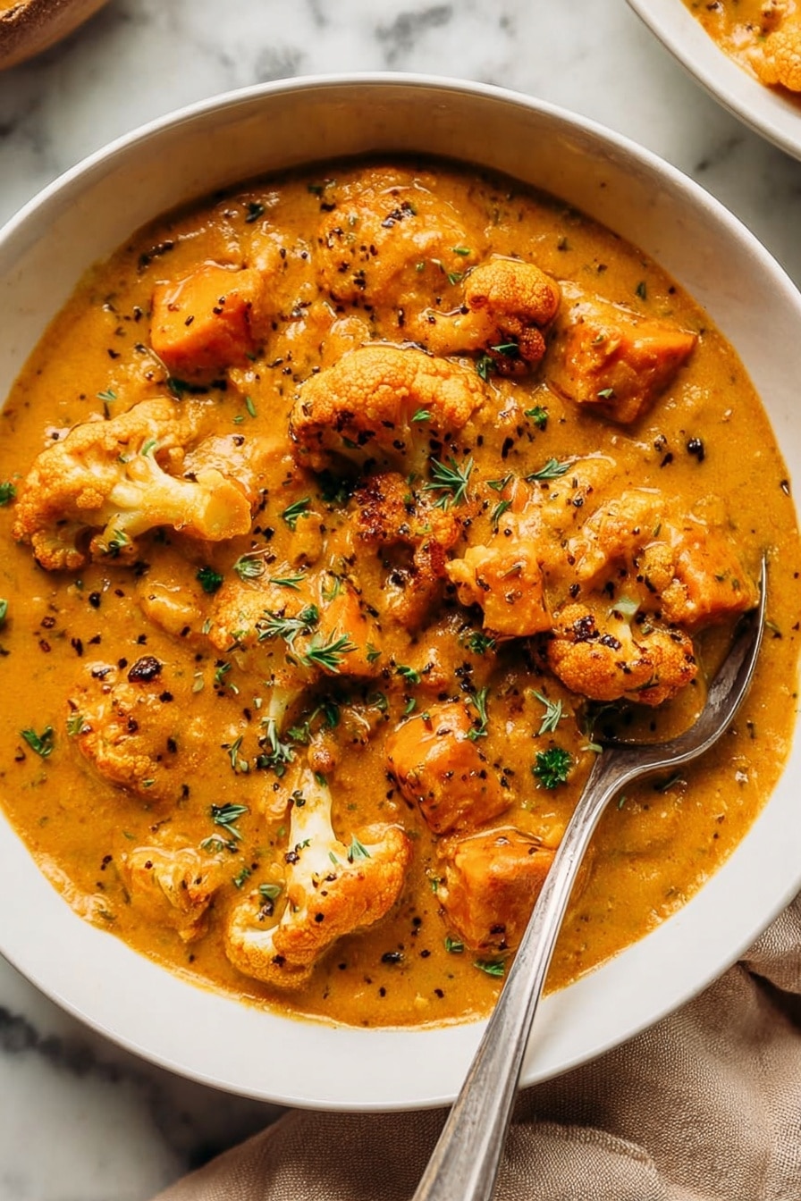 The image shows a bowl of thick orange curry filled with chunks of soft sweet potato and pieces of light brown roasted cauliflower scattered throughout the dish. The curry is creamy with visible small dark specks of black pepper and bits of green herbs sprinkled on top for color. A silver spoon rests inside the white bowl on the right side. The bowl is placed on a white marbled surface with a beige cloth nearby. The texture of the curry looks smooth and rich with some shine on the surface. Photo taken with an iphone --ar 2:3 --v 7 - Creamy Cauliflower & Sweet Potato Chowder, vegan cauliflower soup, healthy sweet potato soup, comforting veggie chowder, gluten-free vegetable soup