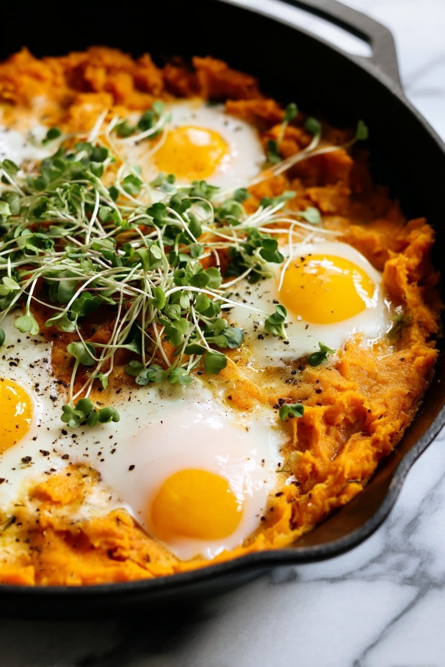 A black skillet holds a dish with one base layer of soft, mashed orange sweet potatoes that cover the bottom with a slightly chunky texture. Four cooked eggs are placed evenly over this base; each egg has a smooth, white cooked edge and bright, round yellow yolks in the center. Small green herbs and thin light green sprouts with long stems are sprinkled over the eggs and sweet potatoes, adding fresh, leafy textures. The skillet sits on a white marbled surface. photo taken with an iphone --ar 2:3 --v 7 - Orange Shakshuka with Roasted Butternut Squash and Spiced Vegetables, healthy shakshuka recipes, comforting breakfast ideas, fall-inspired vegetarian dishes, flavorful vegetable shakshuka