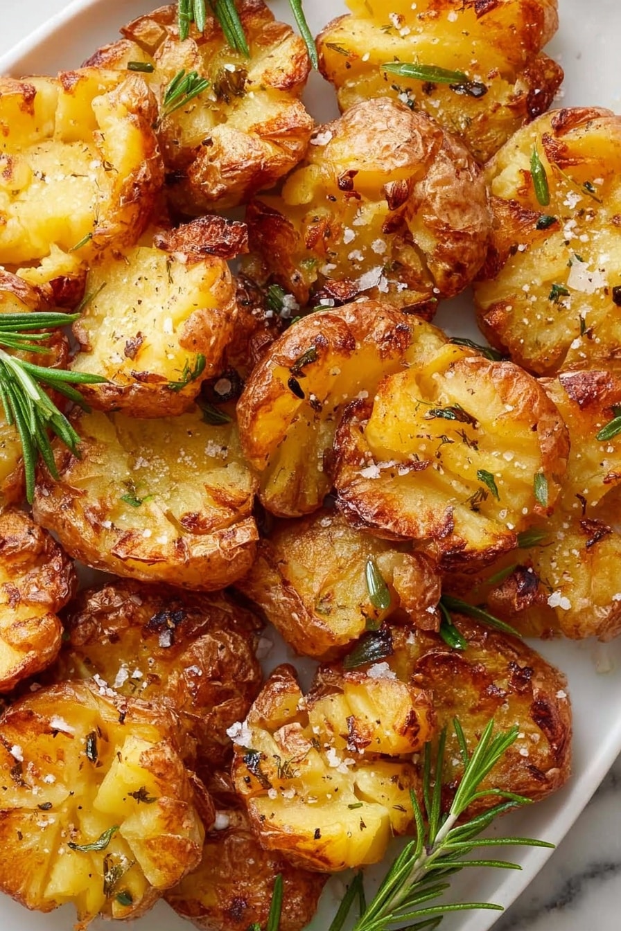 The dish shows a close-up of many golden-brown smashed potatoes with crispy, uneven edges, and a soft yellow inside. The potatoes are sprinkled with coarse salt, black pepper, and small green herb flakes. There are fresh green rosemary sprigs placed among the potatoes, adding a touch of color. The potatoes sit closely together on a white plate on a white marbled surface. photo taken with an iphone --ar 2:3 --v 7 - Crispy Air Fryer Smashed Potatoes, air fryer smashed potatoes, crispy potato side dish, garlic smashed potatoes, crunchy air fryer potatoes