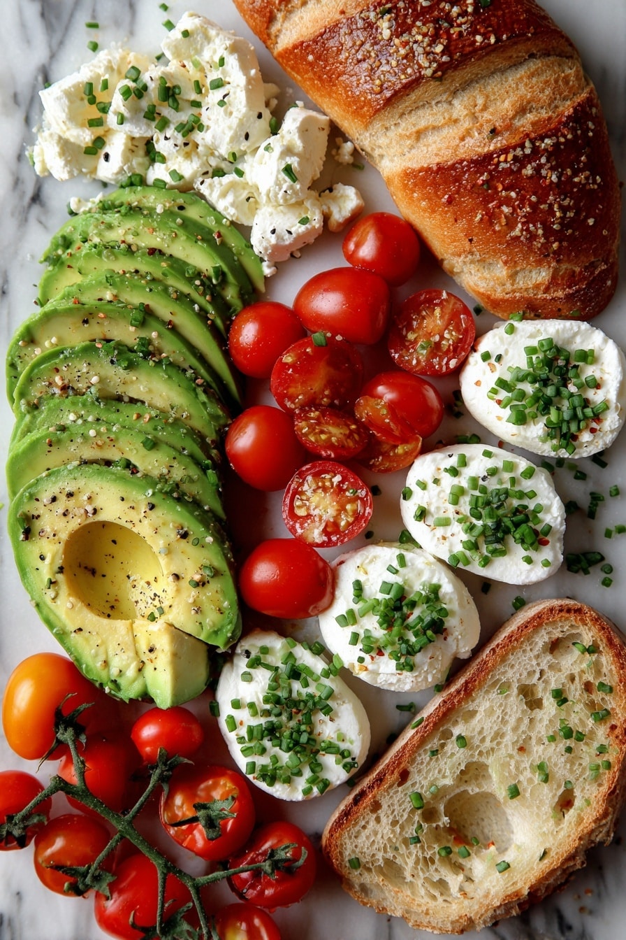 Flat lay of ripe avocado slices, creamy white cottage cheese dollops, halved vibrant red cherry tomatoes, fresh chopped green chives, crisp sourdough bread slices with a golden buttery sheen, and a small pile of Everything But The Bagel seasoning sprinkled artfully, all placed on a white marble surface, photo taken with an iphone --ar 2:3 --v 7 - Avocado Cottage Cheese Toast with Everything But The Bagel Seasoning, healthy avocado toast, easy breakfast recipes, flavorful snack ideas, quick avocado toast