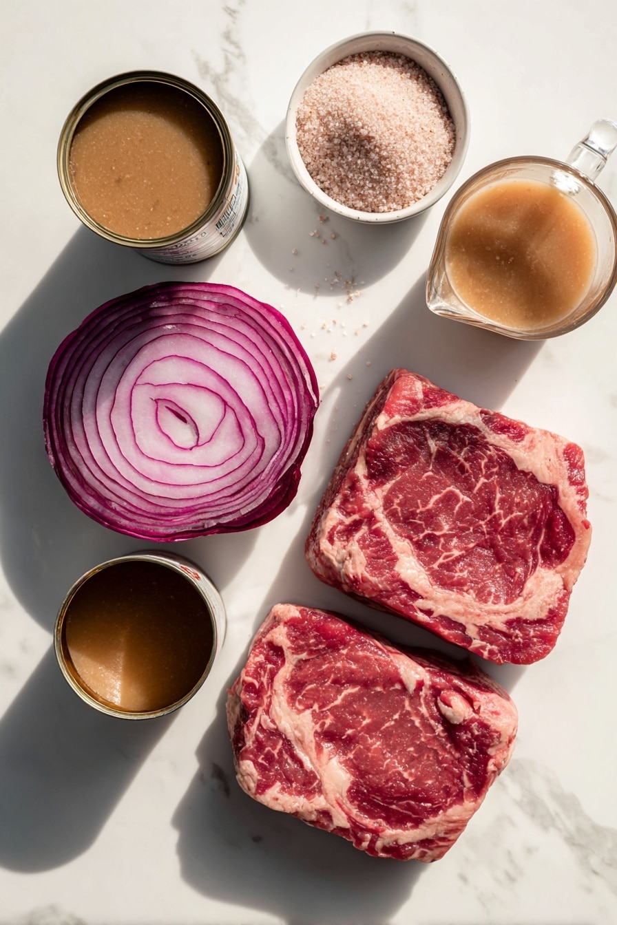 Flat lay of thick raw cube steaks with visible marbling, two cans of cream of mushroom soup with their labels partly visible, a large minced red onion showing vibrant purple and white layers, a small heap of homemade beef bouillon powder crystals, and a clear measuring cup filled with rich beef broth, all beautifully arranged with natural lighting, fresh and inviting, placed on a white marble surface, photo taken with an iphone --ar 2:3 --v 7 - Crock Pot Cube Steak, slow cooker cube steak recipe, easy crock pot steak, tender cube steak slow cooker, comforting slow cooker dinner