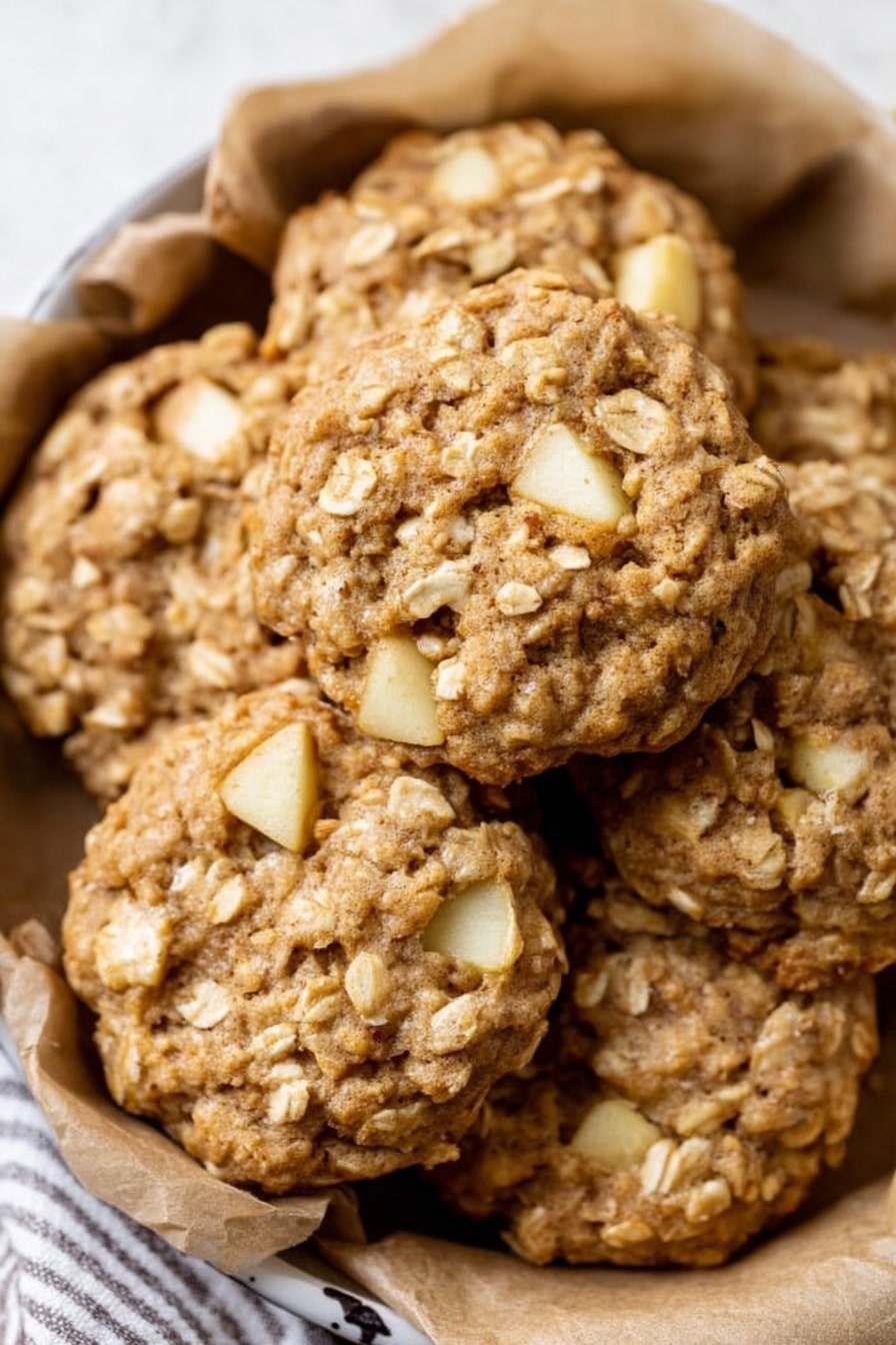The image shows a close-up of a group of oatmeal cookies with small pieces of apple mixed in. Each cookie is round and thick, with a rough texture from the oats and visible chunks of pale yellow apple spread throughout. The cookies are piled together in a round baking dish lined with brown parchment paper. The background is a white marbled texture with a striped cloth lightly showing. Photo taken with an iphone --ar 2:3 --v 7 - Apple Oatmeal Cookies, fall-inspired cookies, soft apple oatmeal cookies, homemade apple cookies, cozy autumn treats