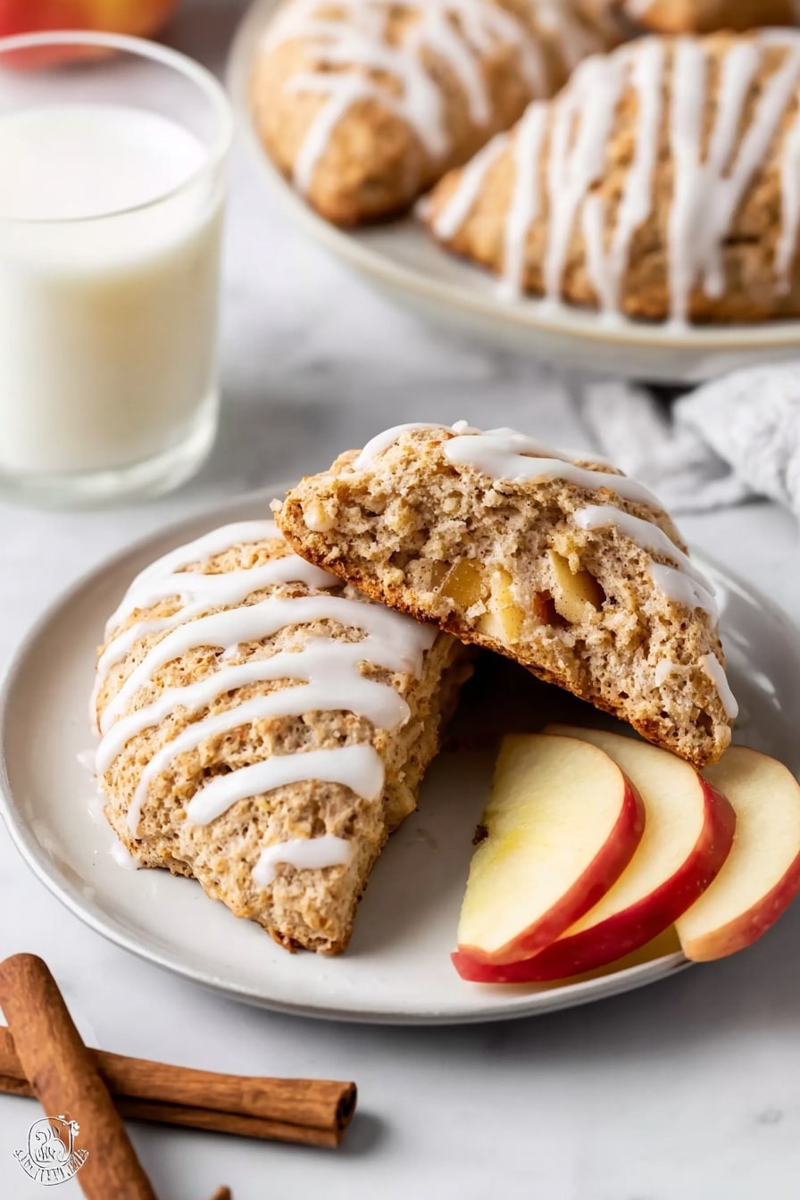 Two light brown scones with a rough, crumbly texture sit on a white plate. One scone is whole and covered with thin white icing stripes evenly spaced across the top, while the other is broken in half, showing a soft, moist inside with small bits of apple visible. Next to the scones, there are two slices of red and yellow apple placed on the plate. In the background, more scones with similar white icing stripes and a glass of milk can be seen, all placed on a white marbled surface. Two cinnamon sticks lie near the glass, adding a warm brown color contrast to the scene. Photo taken with an iphone --ar 2:3 --v 7 - Apple Scones, Easy Apple Scones, Homemade Apple Scones, Cinnamon Apple Scones, Fluffy Apple Scones