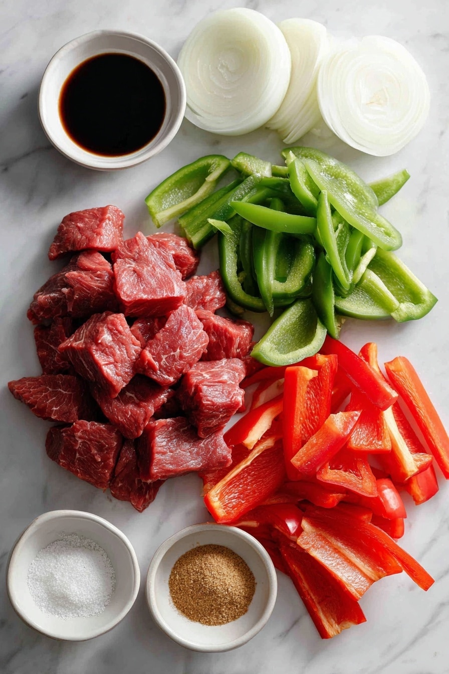 Flat lay of thin strips of raw round steak, thick sliced green bell pepper, thick sliced red bell pepper, thick sliced white onion, a small pile of brown sugar, a small bowl of soy sauce, a mound of ground ginger powder, and a mound of garlic powder, all beautifully arranged with natural light highlighting their colors and textures, placed on a white marble surface, photo taken with an iphone --ar 2:3 --v 7 - Crockpot Pepper Steak, slow cooker beef stir-fry, Easy Crockpot Beef Recipe, flavorful ground beef dinner, tender crockpot steak