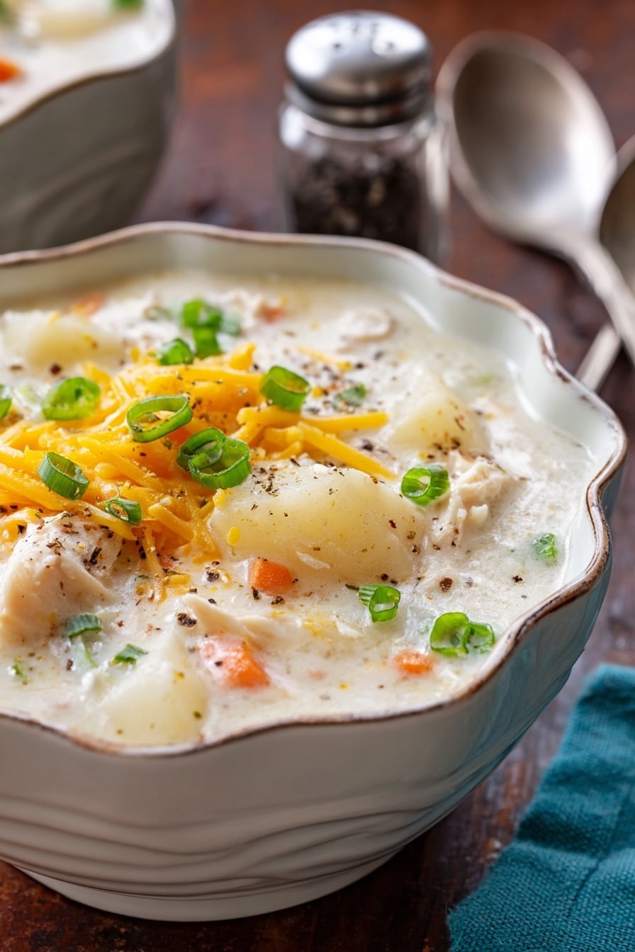 Two white bowls with scalloped edges are filled with creamy soup that has visible chunks of white potatoes, orange carrots, and slices of white chicken. The soup is topped with bright yellow shredded cheddar cheese and sprinkled with small green chopped herbs and black pepper. The bowls sit on a white marbled surface with a pile of shredded cheddar cheese and green onions in the background. A silver spoon rests near the front bowl. photo taken with an iphone --ar 2:3 --v 7 - Creamy Slow Cooker Chicken and Potato Soup, comforting chicken potato soup, easy slow cooker chicken soup, hearty creamy chicken and potato dish, simple weeknight chicken soup