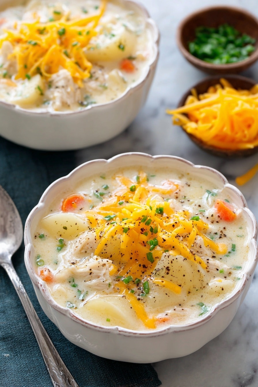 Two bowls of creamy white soup sit on a white marbled background. Each bowl has a scalloped edge and contains a thick soup with chunks of light orange carrot, white potato pieces, and light beige shredded chicken. On top, there is a layer of shredded yellow cheese and small green chive pieces sprinkled with black pepper. Next to the bowls are two old silver spoons and some green chives with a pile of yellow shredded cheese nearby. Photo taken with an iphone --ar 2:3 --v 7 - Creamy Slow Cooker Chicken and Potato Soup, comforting chicken potato soup, easy slow cooker chicken soup, hearty creamy chicken and potato dish, simple weeknight chicken soup