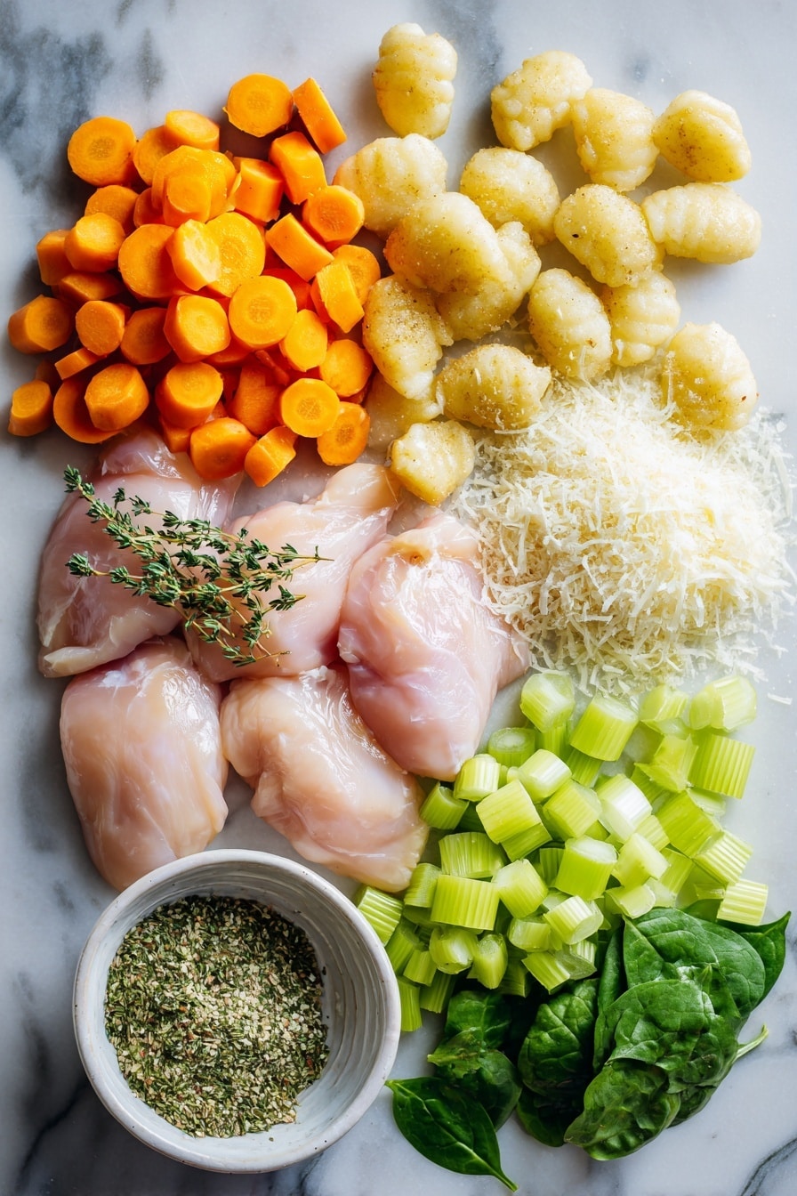 Flat lay of tender boneless skinless chicken breasts, bright orange peeled and chopped carrots, crisp chopped celery ribs, finely chopped medium onion, small soft gnocchi pieces, fresh roughly chopped green spinach leaves, a small pile of grated Parmesan cheese, and a sprinkle of dried parsley and thyme herbs, all beautifully arranged with vibrant colors and textures, placed on a white marble surface, photo taken with an iphone --ar 2:3 --v 7 - Slow Cooker Chicken Gnocchi Soup, chicken gnocchi soup, comforting slow cooker soups, easy chicken soup recipes, creamy chicken gnocchi soup