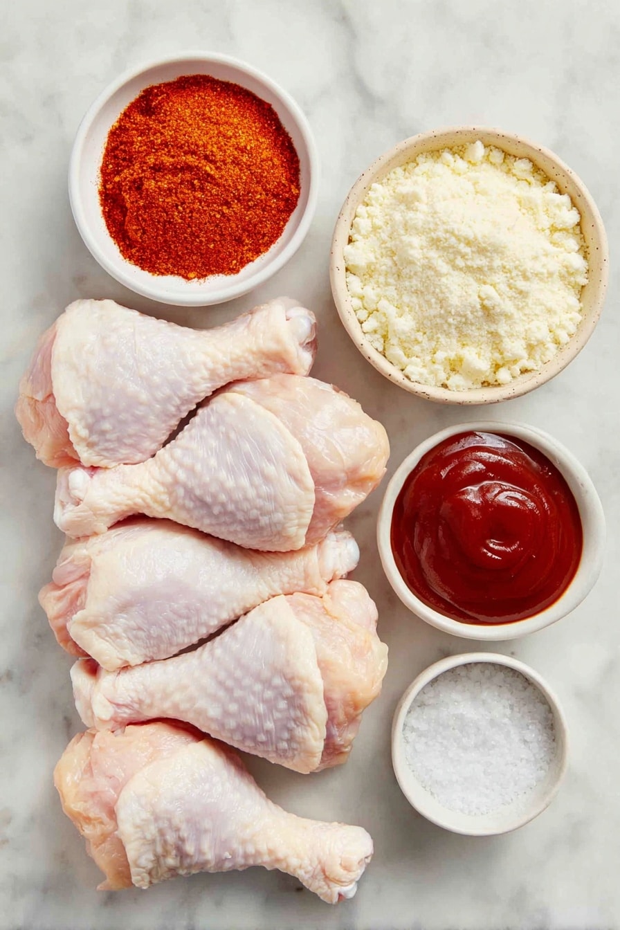 Flat lay of fresh, raw chicken drumsticks arranged neatly, a small white bowl filled with vibrant red smoked paprika powder, another small white bowl containing fine granulated garlic powder, a small white bowl with coarse kosher salt crystals, and a small white bowl holding glossy, deep reddish-brown BBQ sauce, all ingredients placed with perfect symmetry on a clean white marble surface, soft natural light, photo taken with an iPhone, professional food photography style, fresh ingredients, white ceramic bowls, no bottles, no duplicates, no utensils, no packaging --ar 2:3 --v 7 --p awthu7i m7354615311229779997 - Incredible Slow Cooker Drumsticks, 4-Ingredient BBQ Chicken, easy slow cooker chicken, juicy BBQ drumsticks, simple slow cooker recipes