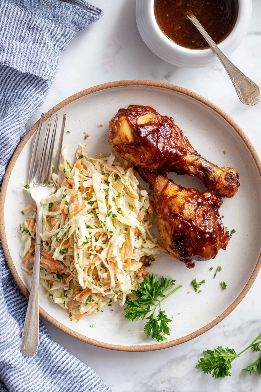The image shows a white plate with two dark brown glazed chicken drumsticks placed on the right side. On the left side of the plate, there is a serving of creamy coleslaw made of shredded cabbage and carrots mixed with green herbs, creating a mix of white, orange, and green colors with a soft texture. A silver fork rests on the left edge of the plate, partly touching the coleslaw. A small sprig of fresh green parsley lies near the bottom right of the coleslaw. The plate is on a white marbled surface with a blue-striped cloth partially visible at the bottom left. To the top right, there is a white bowl filled with dark brown sauce with a spoon inside it. photo taken with an iphone --ar 2:3 --v 7 - Incredible Slow Cooker Drumsticks, 4-Ingredient BBQ Chicken, easy slow cooker chicken, juicy BBQ drumsticks, simple slow cooker recipes