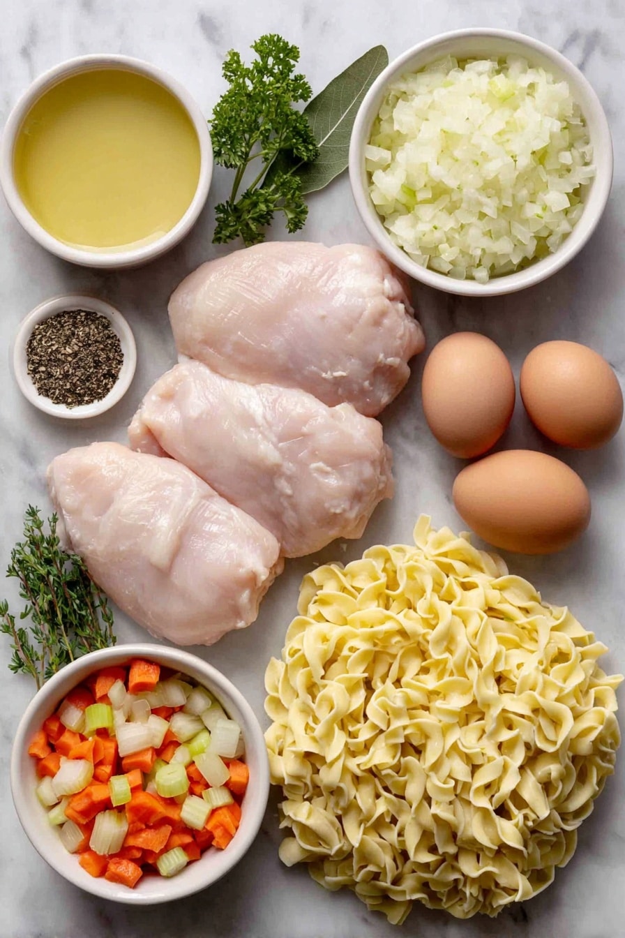 Flat lay of boneless skinless chicken breasts, a small white ceramic bowl of chopped onion, peeled and chopped large carrots, chopped celery ribs, minced garlic cloves, fresh thyme sprigs, a single bay leaf, whole uncracked brown eggs, small white ceramic bowls containing salt and black pepper, small white ceramic bowl of chicken stock, a pile of fresh egg noodles, fresh parsley leaves, all arranged in perfect symmetry on a clean white marble surface, soft natural light, photo taken with an iPhone, professional food photography style, fresh ingredients, white ceramic bowls, no bottles, no duplicates, no utensils, no packaging --ar 2:3 --v 7 --p awthu7i m7354615311229779997 - Crockpot Chicken Noodle Soup, slow cooker chicken noodle soup, easy chicken noodle soup, comforting crockpot soup, homemade chicken noodle soup