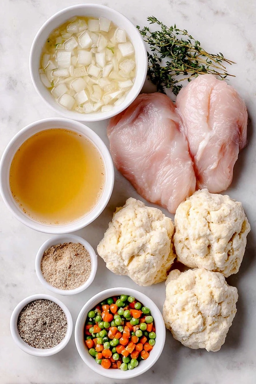 Flat lay of a large diced white onion, four raw boneless skinless chicken breasts, a few sprigs of fresh chopped parsley, a small white ceramic bowl with pale creamy celery soup, a small white ceramic bowl with pale creamy chicken soup, a small white ceramic bowl with light brown poultry seasoning powder, a small white ceramic bowl with coarse black pepper, a small white ceramic bowl of clear golden chicken broth, a small white ceramic bowl of thawed bright orange and green peas and carrots, and four raw buttermilk biscuit dough pieces unrolled and flattened, all arranged symmetrically on a clean white marble surface, soft natural light, photo taken with an iPhone, professional food photography style, fresh ingredients, white ceramic bowls, no bottles, no duplicates, no utensils, no packaging --ar 2:3 --v 7 --p awthu7i m7354615311229779997 - Crock Pot Chicken and Dumplings, easy crock pot chicken and dumplings, comfort food recipes, slow cooker chicken and dumplings, homemade chicken and dumplings
