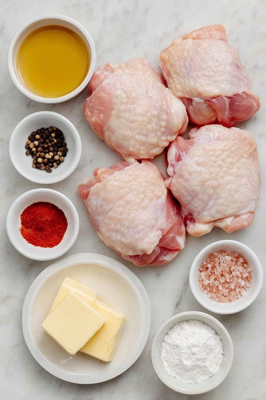 Flat lay of fresh raw boneless skinless chicken thighs neatly arranged, a small white ceramic bowl of smooth dijon mustard, a small white bowl of golden apple cider vinegar, coarse pink Himalayan salt crystals in a white dish, whole black peppercorns scattered in a white bowl, bright red paprika powder in a white bowl, a few pats of salted butter on a white plate, fine white cornstarch in a small white bowl, a white ceramic bowl filled with amber apple cider, light brown soft packed brown sugar in a small white bowl, all ingredients naturally fresh and unprocessed, placed on a clean white marble surface, soft natural light, photo taken with an iPhone, professional food photography style, fresh ingredients, white ceramic bowls, no bottles, no duplicates, no utensils, no packaging --ar 2:3 --v 7 --p awthu7i m7354615311229779997 - Apple Cider Glazed Chicken Thighs, flavorful chicken dinner, easy apple cider chicken recipe, juicy baked chicken thighs, quick weeknight chicken