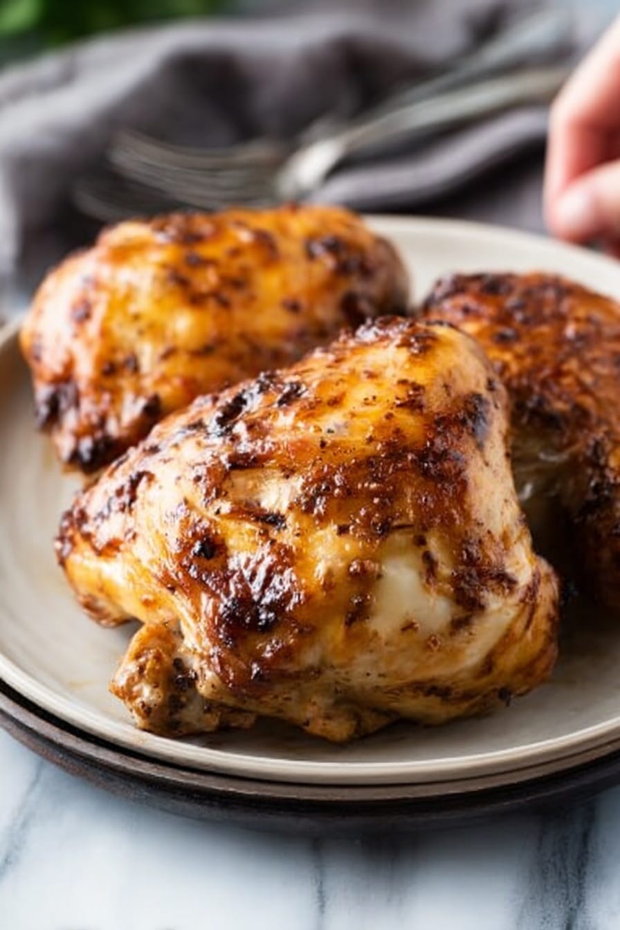 The image shows two large cooked chicken parts on a round white plate. The chicken skin is golden brown with darker roasted spots and a shiny, slightly oily texture. The plate is on a white marbled surface, and in the background, part of a grey cloth and some silver forks are slightly out of focus. A woman's hand is reaching towards the food from the right side. Photo taken with an iphone --ar 2:3 --v 7 - Apple Cider Glazed Chicken Thighs, flavorful chicken dinner, easy apple cider chicken recipe, juicy baked chicken thighs, quick weeknight chicken