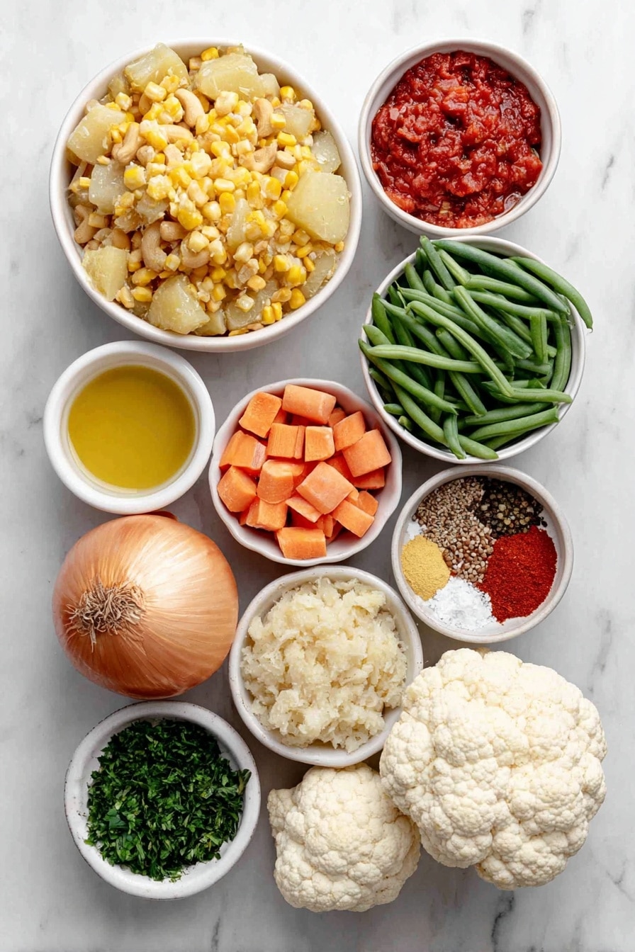 Flat lay of a small pile of golden cashews, a medium peeled and chopped carrot, a medium peeled and chopped potato, a handful of fresh green beans cut into pieces, a small mound of fresh peas, a cluster of white cauliflower florets, a few bright yellow sweet corn kernels, one whole uncracked brown onion, one fresh green chili, a small white bowl with finely pureed red tomatoes, a small white bowl with golden cooking oil, a small bunch of fresh chopped coriander leaves, a small white bowl with finely grated pale ginger garlic paste, a small white bowl containing mixed whole spices including cumin seeds, green cardamoms, a cinnamon stick, and a bay leaf, and a small white bowl with bright red Kashmiri chili powder, all arranged symmetrically on a clean white marble surface, soft natural light, photo taken with an iPhone, professional food photography style, fresh ingredients, white ceramic bowls, no bottles, no duplicates, no utensils, no packaging --ar 2:3 --v 7 --p awthu7i m7354615311229779997 - Vegetable Curry, easy vegetable curry, hearty vegetable curry recipe, vegan curry bowl, cozy Indian vegetable curry