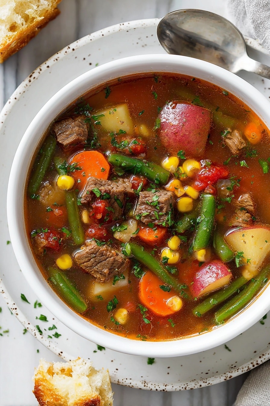 A white bowl filled with vegetable beef soup sits on a white marbled surface with some torn bread pieces nearby. The soup has a clear brown broth with visible chunks of tender beef, red-skinned potato pieces, bright orange carrot slices, green beans, corn kernels, and diced tomatoes. Fresh chopped parsley is sprinkled on top, adding a touch of green. The bowl is placed on a speckled white plate with a silver spoon resting near it. Photo taken with an iphone --ar 2:3 --v 7 - Vegetable Beef Soup, hearty vegetable beef soup, homemade beef soup, nutritious vegetable beef stew, easy vegetable beef soup recipe