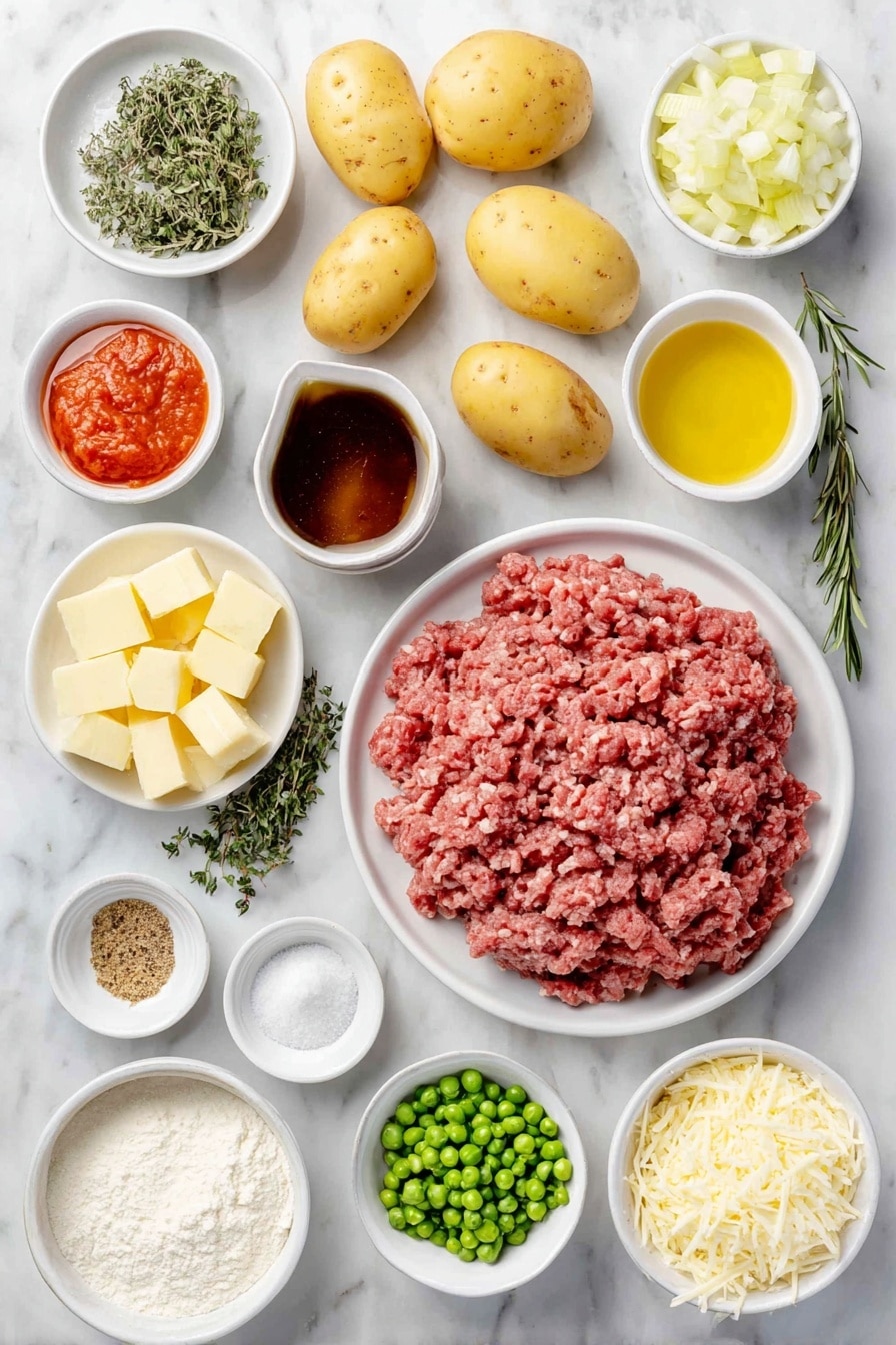 Flat lay of a peeled and cubed pile of fresh potatoes, two whole uncracked brown eggs, a small pile of finely chopped onions, a small heap of minced garlic cloves, a few finely chopped carrot pieces, one rib of celery chopped, a few sprigs of fresh thyme and one sprig of rosemary, a mound of raw ground lamb, a small white ceramic bowl of bright red tomato paste, a small white ceramic bowl filled with golden olive oil, a small white ceramic bowl of thick beef broth, another small white ceramic bowl containing deep red red wine, a small white ceramic bowl with crumbled beef bouillon cube, a small white ceramic bowl with dark Worcestershire sauce, two dried bay leaves, a small white ceramic bowl of frozen green peas, a small white ceramic bowl of plain white flour, a small white ceramic bowl of whole milk, a few cubes of unsalted butter arranged neatly, a small white ceramic bowl filled with grated Parmesan cheese, a small white ceramic bowl with freshly ground black pepper, a small white ceramic bowl with coarse kosher salt — all ingredients arranged in perfect symmetry, balanced layout placed on a clean white marble surface, soft natural light, photo taken with an iPhone, professional food photography style, fresh ingredients, white ceramic bowls, no bottles, no duplicates, no utensils, no packaging --ar 2:3 --v 7 --p awthu7i m7354615311229779997 - Classic Shepherd's Pie with Lamb or Beef, hearty shepherd's pie recipe, comforting meat and mashed potato casserole, rich gravy shepherd's pie, traditional shepherd's pie