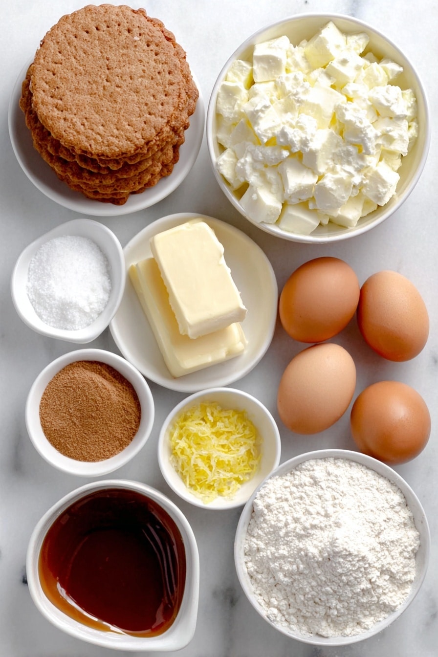 Flat lay of a few whole digestive biscuits, a small white bowl of melted butter, a smooth block of full-fat cream cheese, a small white bowl of granulated sugar, a tiny pinch of salt in a white bowl, a small white bowl of clear vanilla extract, two whole uncracked brown eggs, a small white ceramic bowl of peeled and chopped green granny smith apples, a small white bowl of light brown demerara sugar, a small white bowl of lemon zest, a small white bowl of ground cinnamon, a small white bowl of ground nutmeg, a few small cubes of chilled unsalted butter, a small white bowl of plain flour, and a small white bowl of glossy caramel sauce placed on a clean white marble surface, soft natural light, photo taken with an iPhone, professional food photography style, fresh ingredients, white ceramic bowls, no bottles, no duplicates, no utensils, no packaging --ar 2:3 --v 7 --p awthu7i m7354615311229779997 - Caramel Apple Cheesecake Bars, fall dessert recipes, apple cheesecake bars, caramel apple dessert, easy autumn treats