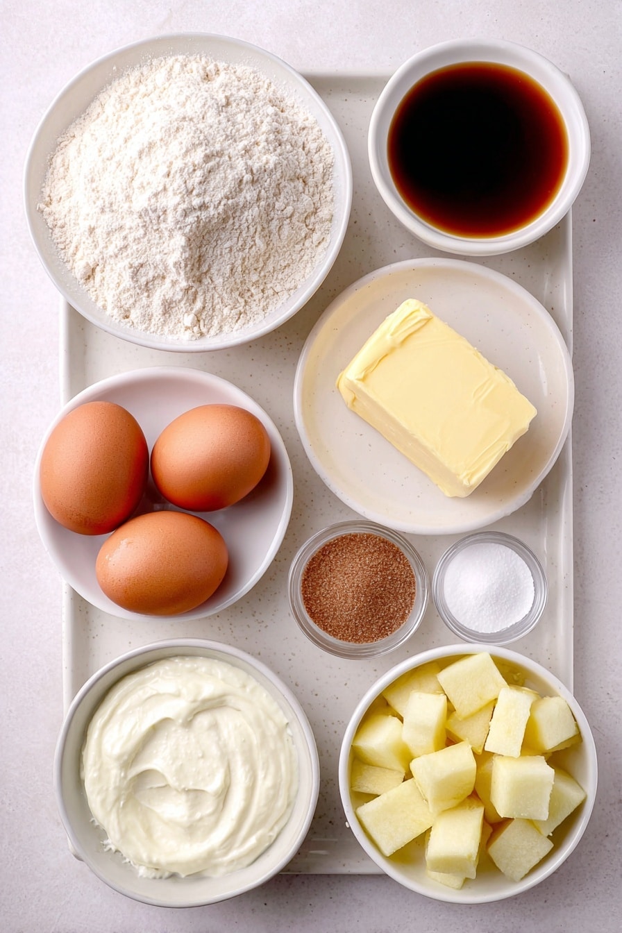 Flat lay of a small mound of all-purpose flour on a simple white ceramic plate, a small pile of baking powder and baking soda sprinkled neatly nearby on the same plate, a square of softened unsalted butter placed on a white dish, a small white bowl filled with packed dark brown sugar, a tiny white bowl with pure vanilla extract, two large whole uncracked brown eggs sitting side by side, a small white bowl holding creamy full fat plain yogurt, three peeled and cored medium tart apples cut into small half-inch cubes arranged symmetrically on a white plate, a small white bowl with ground cinnamon, and a small white bowl containing granulated sugar, all ingredients arranged in perfect symmetry, placed on a clean white marble surface, soft natural light, photo taken with an iPhone, professional food photography style, fresh ingredients, white ceramic bowls, no bottles, no duplicates, no utensils, no packaging --ar 2:3 --v 7 --p awthu7i m7354615311229779997 - Caramel Apple Cake, caramel apple cake recipe, apple cake with caramel, fall apple cake, easy apple cake recipe