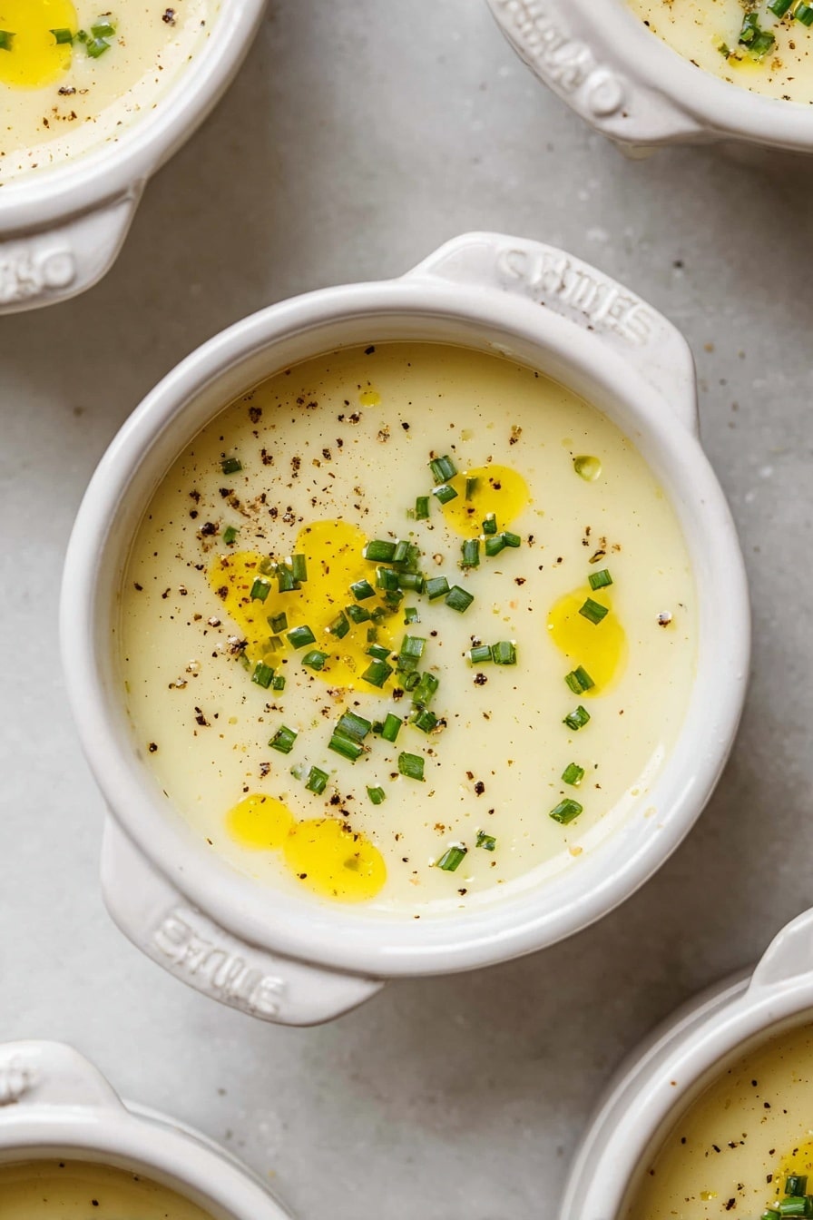 Three small white round pots with side handles filled with smooth, creamy white soup are placed on a white marbled surface. Each pot has a swirl of bright yellow oil on top and is sprinkled with finely chopped green herbs and small black pepper specks, adding a fresh contrast to the pale soup. Two pot lids, also white, are partially visible on the surface near the pots. The overall look is clean, fresh, and inviting. photo taken with an iphone --ar 2:3 --v 7 - Creamy Roasted Garlic Potato Soup, roasted garlic potato soup, easy comfort soup, creamy potato soup recipe, hearty garlic potato soup