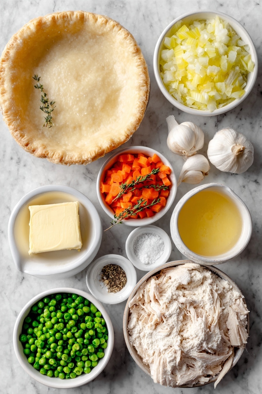 Flat lay of a small white ceramic bowl of unsalted butter, a small white ceramic bowl of chopped yellow onion, a small white ceramic bowl of thinly sliced carrots, a small white ceramic bowl of chopped celery, three whole uncracked garlic cloves, a small white ceramic bowl of all-purpose flour, a small white ceramic bowl of warm chicken broth, a small white ceramic bowl of warm heavy cream, a few sprigs of fresh thyme, a small white ceramic bowl of kosher salt, a small white ceramic bowl of ground black pepper, a small white ceramic bowl of cooked shredded chicken, a small white ceramic bowl of fresh green peas, two whole unbaked pie crusts placed flat -- placed on a clean white marble surface, soft natural light, photo taken with an iPhone, professional food photography style, fresh ingredients, white ceramic bowls, no bottles, no duplicates, no utensils, no packaging --ar 2:3 --v 7 --p awthu7i m7354615311229779997 - Creamy Chicken Pot Pie, easy chicken pot pie, comforting chicken pie, homemade chicken pot pie, flaky crust chicken pie