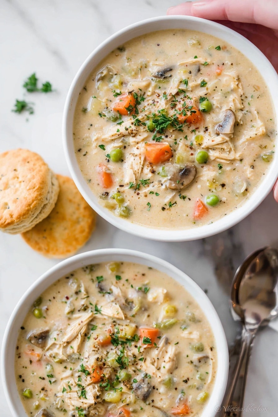Two white bowls filled with creamy chicken and vegetable soup sit on a white marbled surface. The soup has a thick, beige base with visible layers of shredded chicken, orange carrot slices, green peas, celery, and small pieces of mushroom, topped with parsley flakes and a sprinkle of black pepper. Beside the bowls, there are three golden-brown biscuits stacked on the side. Two metal spoons rest next to one bowl, and a woman's hand gently holds the top bowl from above. The whole scene is bright and clean, creating a cozy, comforting feeling. photo taken with an iphone --ar 2:3 --v 7 - Creamy Chicken Pot Pie Soup, hearty chicken soup, comforting chicken stew, easy chicken soup recipe, quick dinner ideas