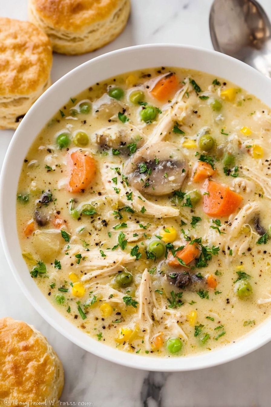 A white bowl filled with creamy chicken and vegetable soup, showing clear layers: shredded chicken in light beige, bright orange carrot slices, green peas, yellow corn kernels, and small pieces of mushroom mixed in a thick pale yellow broth speckled with black pepper and green parsley bits. Next to the bowl are golden-brown biscuits with a soft texture, placed on a white marbled surface, and a silver spoon partly visible near the bowl photo taken with an iphone --ar 2:3 --v 7 - Creamy Chicken Pot Pie Soup, hearty chicken soup, comforting chicken stew, easy chicken soup recipe, quick dinner ideas