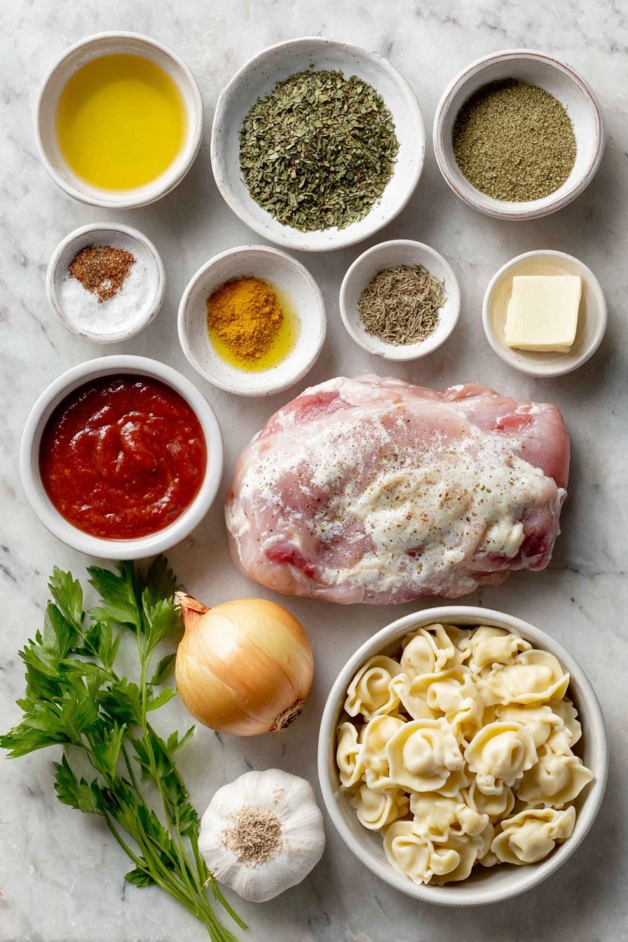 Flat lay of a bone-in chicken breast with clean skin and bone exposed, a small white ceramic bowl of dried basil, a small white ceramic bowl of dried parsley, a small white ceramic bowl of dried oregano, a small white ceramic bowl of mustard powder, a small white ceramic bowl of ground sage, a small white ceramic bowl of ground black pepper, a small white ceramic bowl of Italian seasoning, a small bunch of fresh yellow onion whole bulb, a small white ceramic bowl of diced carrots, two fresh celery ribs with vibrant green leaves, three whole garlic cloves unpeeled, a small white ceramic bowl of golden olive oil, a small white ceramic bowl of creamy butter, a small white ceramic bowl of Worcestershire sauce, a small white ceramic bowl of bright red hot sauce, a small white ceramic bowl of clear chicken broth, and a small pile of fresh refrigerated cheese tortellini pasta arranged symmetrically in a clean white ceramic bowl, placed on a clean white marble surface, soft natural light, photo taken with an iPhone, professional food photography style, fresh ingredients, white ceramic bowls, no bottles, no duplicates, no utensils, no packaging --ar 2:3 --v 7 --p awthu7i m7354615311229779997 - Chicken Tortellini Soup, Italian chicken tortellini soup, easy chicken tortellini soup, comforting tortellini soup, hearty chicken tortellini dish