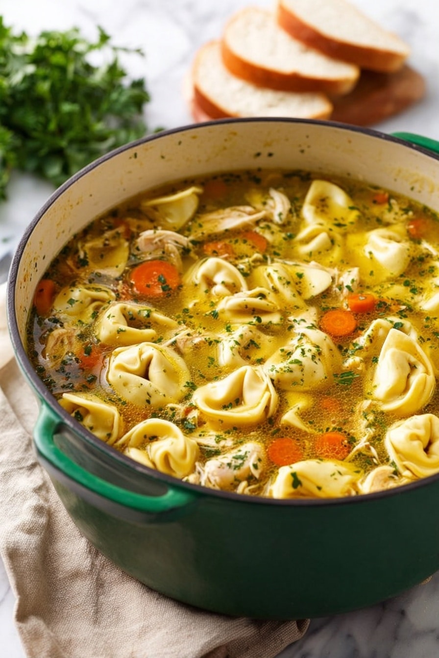 A large green pot filled with chicken tortellini soup sits on a white marbled surface with a beige cloth nearby. The soup has clear yellow broth with visible herbs floating on top, shredded pieces of chicken, and orange carrot slices scattered through the soup. The tortellini pasta are plump and off-white, floating evenly across the surface, showing soft texture with some edges slightly curled. In the background, out of focus, there is a stack of white sandwich bread slices and some green parsley. The setup is bright with natural light. photo taken with an iphone --ar 2:3 --v 7 - Chicken Tortellini Soup, Italian chicken tortellini soup, easy chicken tortellini soup, comforting tortellini soup, hearty chicken tortellini dish
