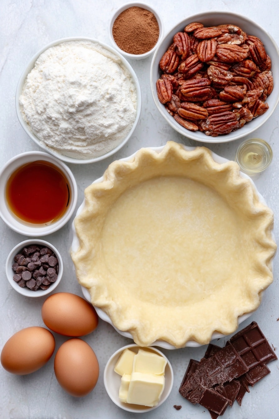 Flat lay of a simple white ceramic pie plate with a smooth, unbaked homemade pie dough crust pressed inside, a small pile of whole pecans, a small white bowl of packed brown sugar, a small white bowl of all-purpose flour, a small white bowl of unsweetened cocoa powder, three large whole eggs with clean shells, a small white bowl of light corn syrup, a small white bowl holding melted unsalted butter, a small white bowl of vanilla extract, a small white bowl of salt, a small white bowl of melted semi-sweet chocolate chips, a dollop of fresh whipped cream on a white ceramic dish, and a few delicate dark chocolate shavings on the side, all arranged with perfect symmetry and balanced proportions, placed on a clean white marble surface, soft natural light, photo taken with an iPhone, professional food photography style, fresh ingredients, white ceramic bowls, no bottles, no duplicates, no utensils, no packaging --ar 2:3 --v 7 --p awthu7i m7354615311229779997 - Chocolate Pecan Pie, decadent pecan pie with chocolate, easy chocolate pecan pie recipe, traditional Southern pecan pie with chocolate, gooey chocolate pecan pie
