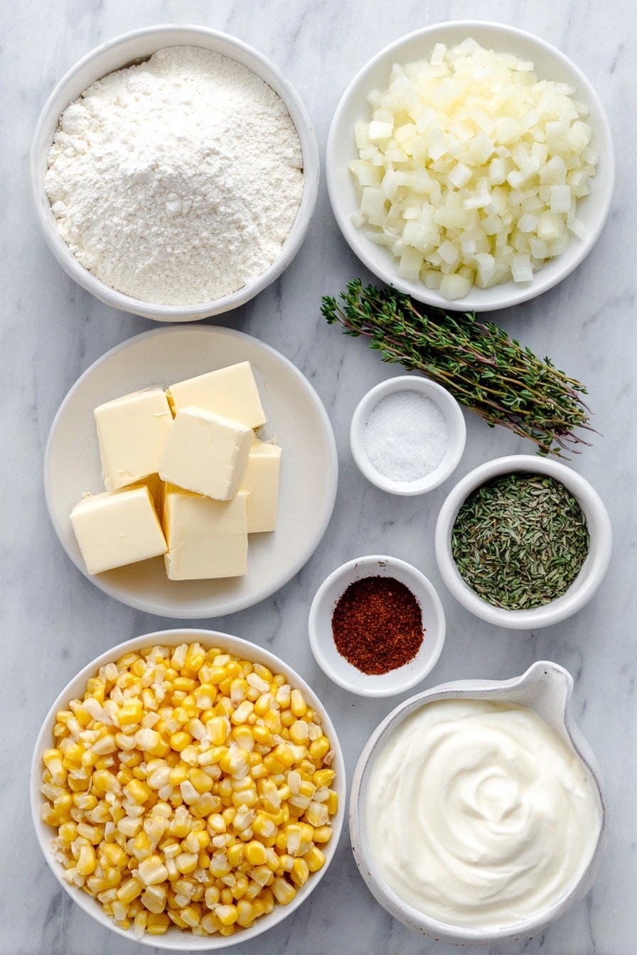 Flat lay of a small mound of pale arrowroot powder in a simple white ceramic bowl, a small white bowl of whole milk, two tablespoons of unsalted butter cut into small rectangular pieces on a white ceramic plate, a small pile of finely diced shallot on a white ceramic dish, a generous heap of fresh yellow sweet corn kernels on a white ceramic plate, a small white bowl filled with thick heavy cream, a small white bowl containing dried thyme leaves, a tiny white bowl with a pinch of bright red cayenne pepper powder, a small white ceramic bowl of coarse kosher salt crystals, a small white bowl with freshly ground black peppercorns, and a small white plate with a small mound of freshly grated pale yellow parmesan cheese, placed on a clean white marble surface, soft natural light, photo taken with an iPhone, professional food photography style, fresh ingredients, white ceramic bowls, no bottles, no duplicates, no utensils, no packaging --ar 2:3 --v 7 --p awthu7i m7354615311229779997 - Creamed Corn, Creamed Corn Recipe, Easy Creamed Corn, Classic Creamed Corn Side Dish, Comfort Food Recipes