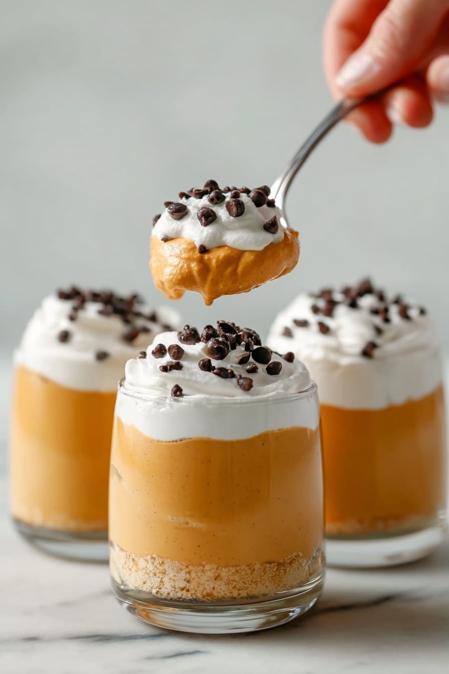 The image shows three clear glasses filled with three layers: the bottom and middle layers are a smooth, light orange pumpkin mousse, topped with a layer of white whipped cream sprinkled with small dark chocolate chips. A woman's hand is holding a silver spoon above the closest glass, scooping a mix of the mousse and whipped cream with chocolate chips on top. The background is a clean white marbled surface. photo taken with an iphone --ar 2:3 --v 7 - Pumpkin Mousse, Pumpkin Mousse for Fall, Fall Pumpkin Dessert, Easy Pumpkin Mousse Recipe, Creamy Pumpkin Dessert