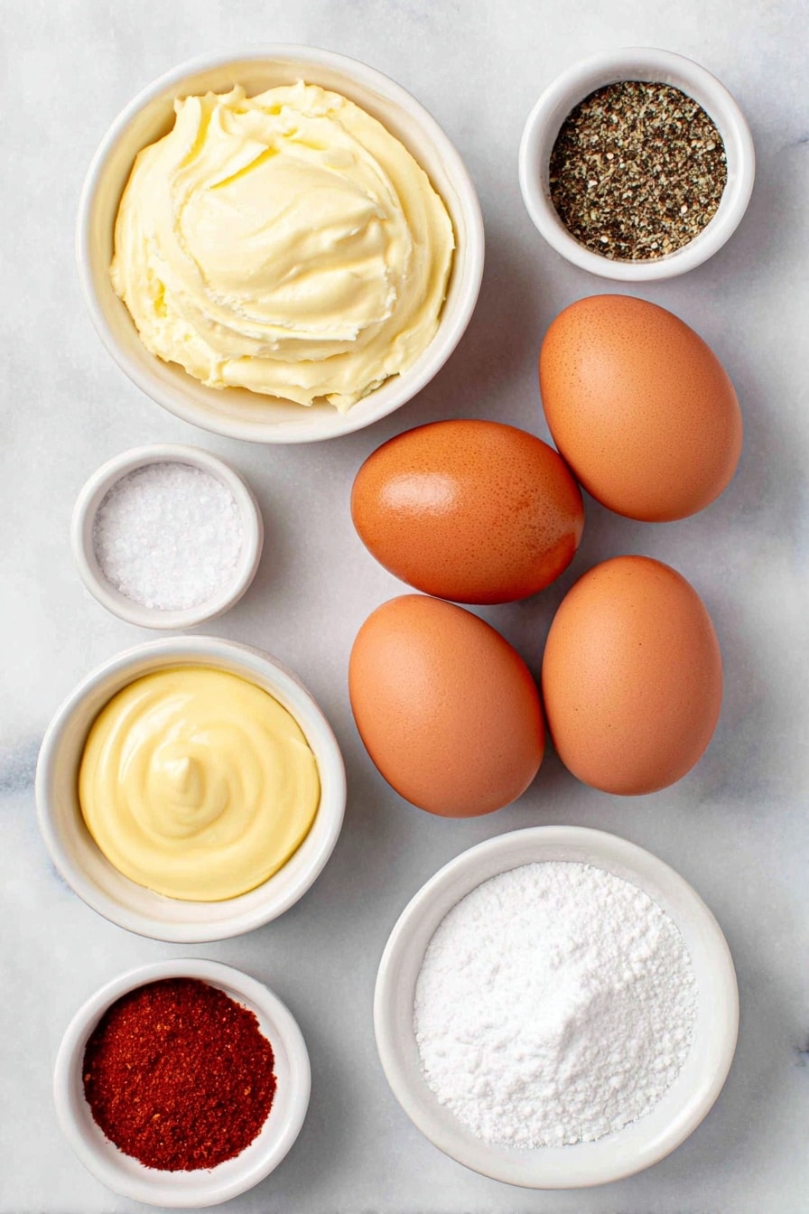 Flat lay of six whole uncracked large brown eggs, a small white ceramic bowl of creamy mayonnaise, a small white ceramic bowl with smooth pale yellow Dijon mustard, a small white ceramic bowl containing clear apple cider vinegar, a small white ceramic bowl filled with fine white salt, a small white ceramic bowl with freshly ground black pepper, and a small white ceramic bowl holding vibrant red paprika powder, all arranged in perfect symmetry on a clean white marble surface, soft natural light, photo taken with an iPhone, professional food photography style, fresh ingredients, white ceramic bowls, no bottles, no duplicates, no utensils, no packaging --ar 2:3 --v 7 --p awthu7i m7354615311229779997 - Perfect Deviled Eggs, deviled eggs recipe, easy deviled eggs, creamy deviled eggs, party appetizer ideas