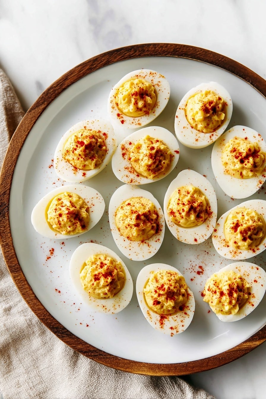 A white plate with a wooden rim holds twelve deviled egg halves arranged in a loose circle and scattered slightly inward. Each egg half has a smooth white egg white base topped with a yellow creamy yolk filling, sprinkled with a light dusting of red paprika. The plate is set on a white marbled surface with a beige cloth partially visible to the side. Photo taken with an iphone --ar 2:3 --v 7 - Perfect Deviled Eggs, deviled eggs recipe, easy deviled eggs, creamy deviled eggs, party appetizer ideas