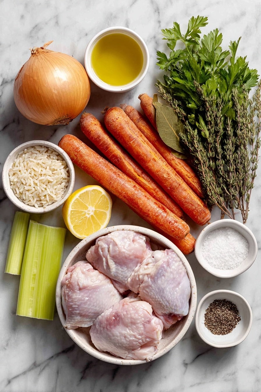 Flat lay of a small white ceramic bowl of olive oil, one whole yellow onion, three large whole carrots, three whole celery stalks, three whole garlic cloves, one whole lemon cut in half showing bright yellow flesh, a small white ceramic bowl of dried thyme, two raw boneless skinless chicken thighs, two whole dried bay leaves, a small white ceramic bowl of short grain rice, a small white ceramic bowl of salt, a small white ceramic bowl of black pepper, and a few sprigs of fresh parsley arranged with perfect symmetry, placed on a clean white marble surface, soft natural light, photo taken with an iPhone, professional food photography style, fresh ingredients, white ceramic bowls, no bottles, no duplicates, no utensils, no packaging --ar 2:3 --v 7 --p awthu7i m7354615311229779997 - Lemon Chicken Rice Soup, comforting lemon chicken soup, easy healthy chicken rice soup, quick lemon chicken soup, zesty chicken and rice soup