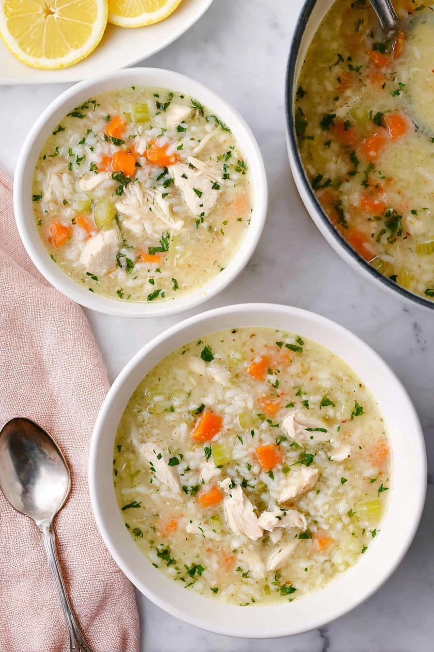 The image shows two white bowls filled with creamy chicken and rice soup placed on a white marbled surface. The soup has three clear layers: a brothy top with small green herb pieces, middle chunks of white chicken and orange carrot cubes, and a bottom layer of soft white rice. Pieces of celery and herbs are visible throughout, adding green and orange highlights. Next to one bowl, there is a spoon with a metallic shine placed on a light pink cloth. A white plate with lemon wedges is partly visible on the left side of the image. In the upper right, a pot with more soup and a metallic ladle is seen. The photo is taken with an iphone --ar 2:3 --v 7 - Lemon Chicken Rice Soup, comforting lemon chicken soup, easy healthy chicken rice soup, quick lemon chicken soup, zesty chicken and rice soup