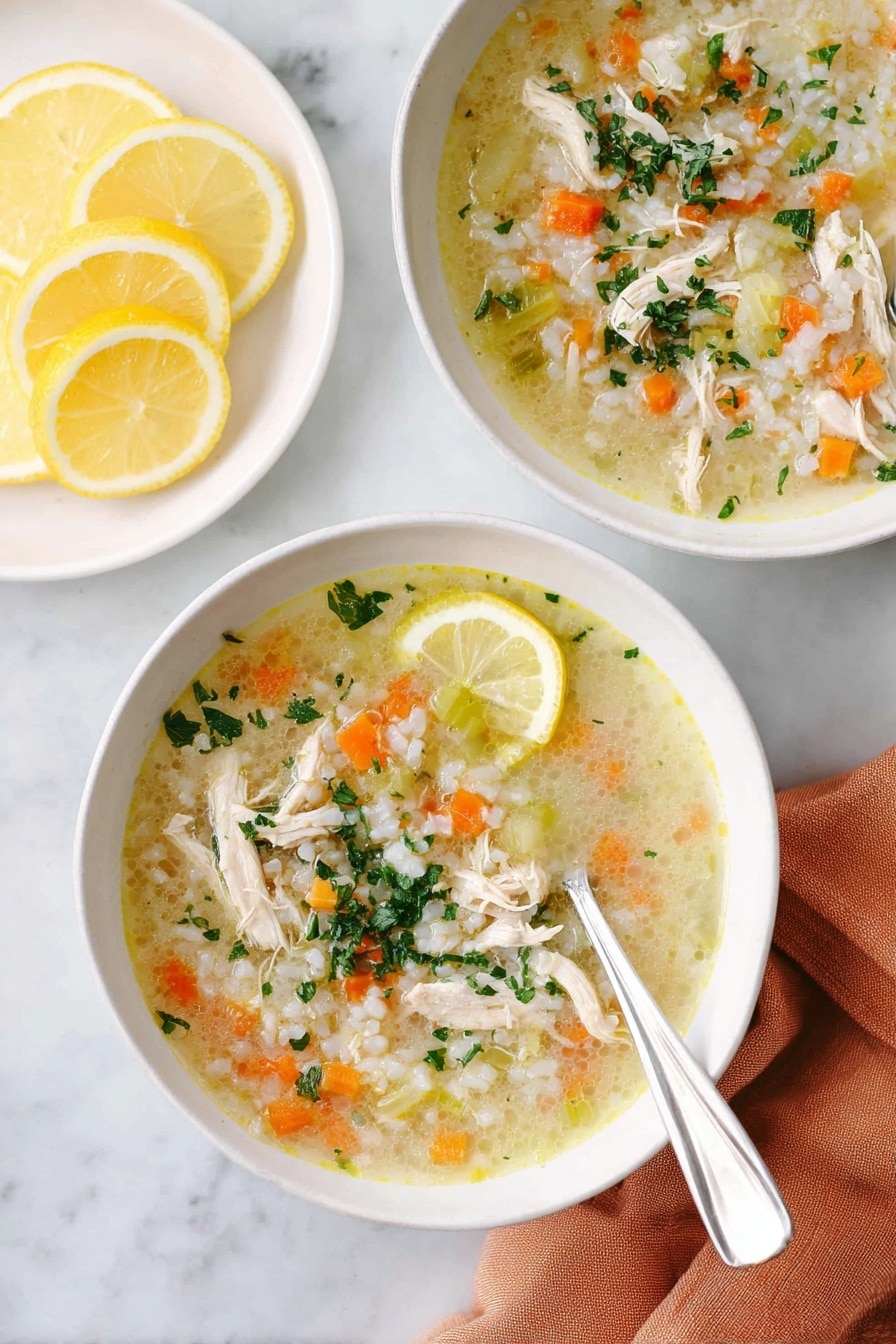 Two white bowls filled with chicken soup placed on a white marbled surface. Each bowl has a light yellow broth with shredded chicken pieces, small diced orange carrots, small green celery pieces, and white rice, topped with chopped green herbs. One bowl shows a silver spoon resting inside the bowl on the right side. A lemon wedge sits on the edge of the front bowl. Next to the bowls, there is a white plate holding several lemon slices. A soft orange cloth napkin lies under the front bowl. Photo taken with an iphone --ar 2:3 --v 7 - Lemon Chicken Rice Soup, comforting lemon chicken soup, easy healthy chicken rice soup, quick lemon chicken soup, zesty chicken and rice soup