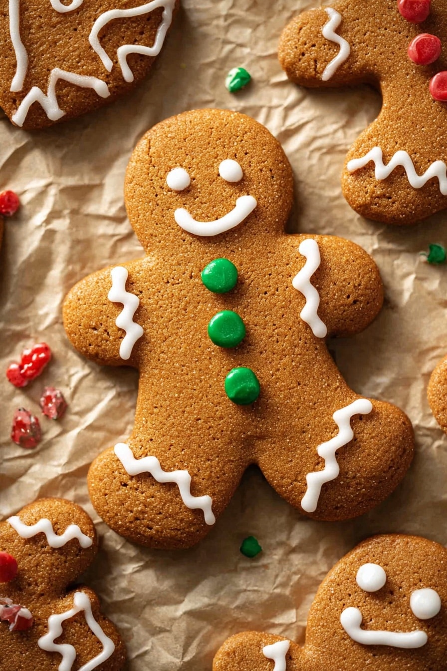 The image shows a group of gingerbread cookies on crinkled light brown paper placed on a white marbled surface. The main cookie in the center is a gingerbread person with a smiling face made of two small white dots for eyes and a curved white line for the mouth. It has three green round candy buttons on its torso. White icing decorates the edges of the arms and legs with zigzag lines and outlines the entire body. Surrounding it are other gingerbread cookies with white icing details and red and green small candy pieces scattered around. The lighting is warm, highlighting the texture of the cookies clearly. Photo taken with an iphone --ar 2:3 --v 7 - Gingerbread Cookies, Easy Homemade Gingerbread Cookies, Holiday Cookie Recipe, Chewy Ginger Cookies, Spiced Gingerbread Treats