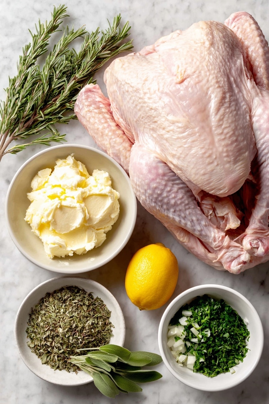 Flat lay of a whole raw turkey with pale pink skin, a small mound of softened butter in a simple white ceramic bowl, a small white bowl of minced garlic, a small white bowl containing finely chopped fresh sage leaves, a small white bowl with finely chopped fresh rosemary, a small white bowl holding finely chopped fresh thyme leaves, a small white bowl filled with finely chopped fresh parsley leaves, a peeled and quartered yellow onion, a bright yellow lemon quartered, assorted whole fresh herb sprigs including sage, rosemary, thyme, and parsley arranged loosely, all placed on a clean white marble surface, soft natural light, photo taken with an iPhone, professional food photography style, fresh ingredients, white ceramic bowls, no bottles, no duplicates, no utensils, no packaging --ar 2:3 --v 7 --p awthu7i m7354615311229779997 - Herb Roasted Turkey, turkey with fresh herbs, juicy roasted turkey, holiday turkey recipe, baked herb turkey