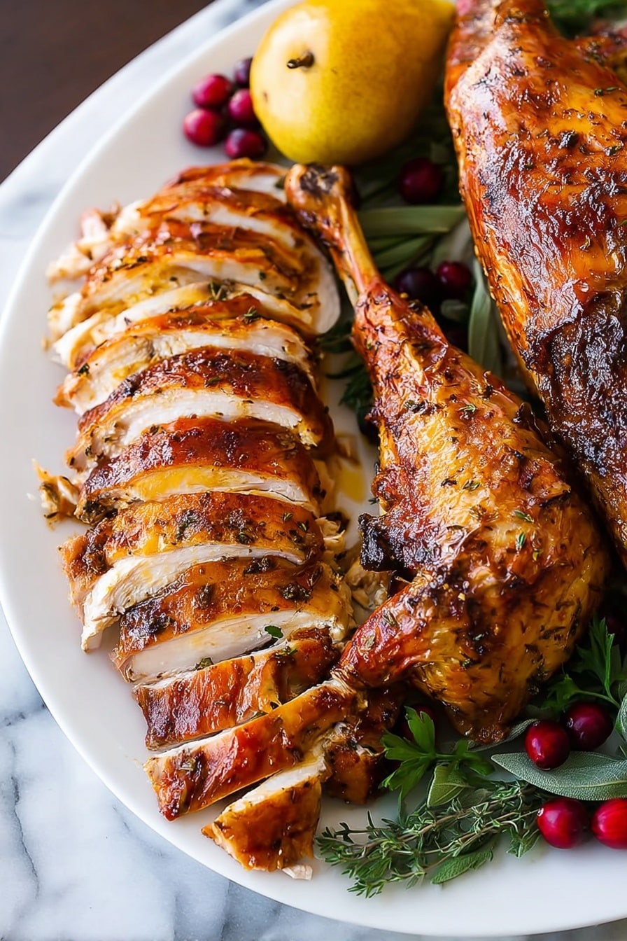 A white plate holds a large roasted turkey with a golden brown crispy skin, sliced into even pieces showing juicy white meat inside. The turkey leg and wing are still whole and placed around the sliced breast. On the plate next to the turkey, there is a yellow pear and small red cranberries, with fresh green herb leaves scattered around, all resting on a white marbled surface. The turkey skin has a slightly charred and glistening texture with visible seasoning. Photo taken with an iphone --ar 2:3 --v 7 - Herb Roasted Turkey, turkey with fresh herbs, juicy roasted turkey, holiday turkey recipe, baked herb turkey