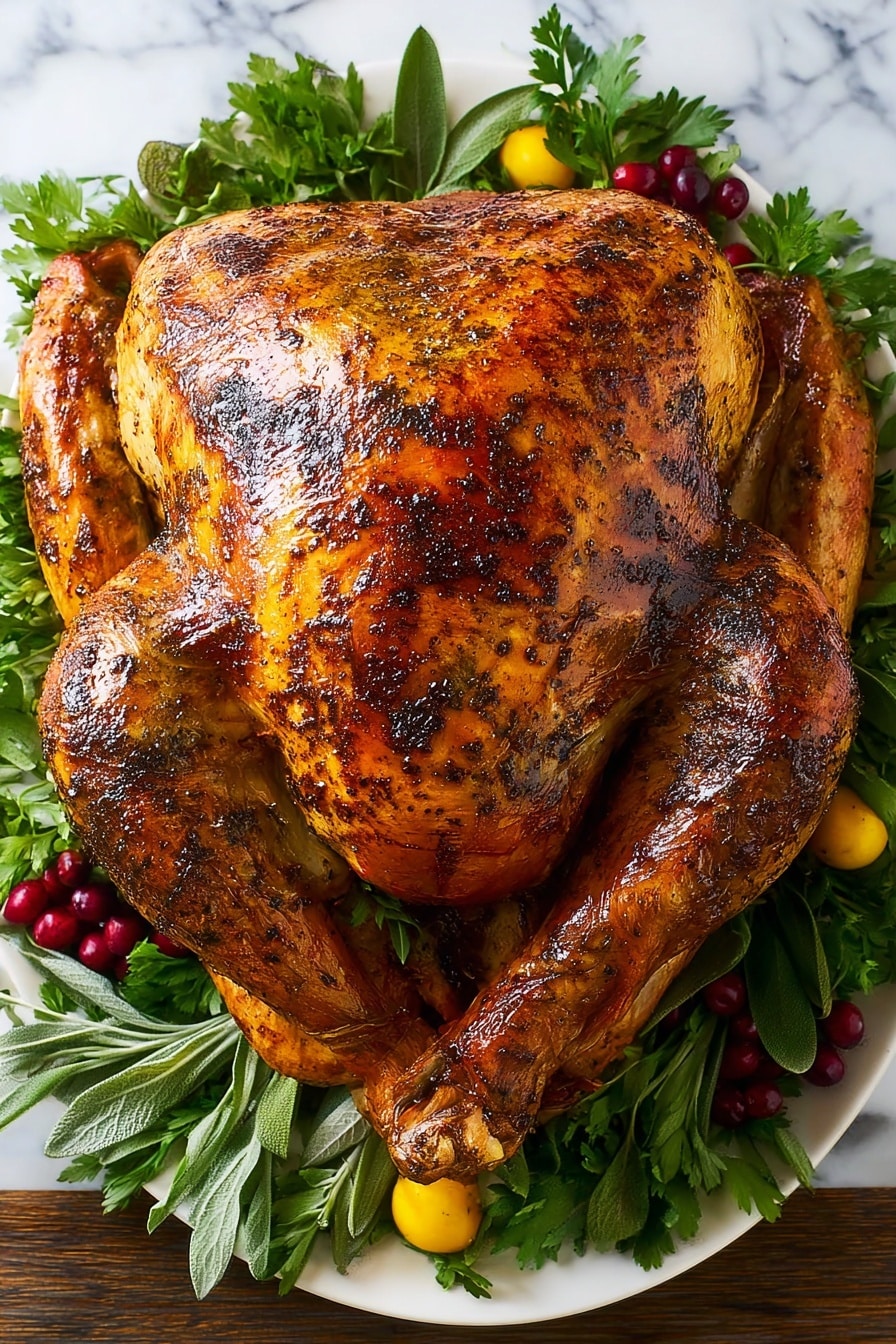 A whole roasted turkey with a golden brown, slightly shiny and crispy skin with dark brown seasoning spots covering the entire outer surface. The turkey is centered on a white plate and surrounded by fresh green leafy herbs like parsley and sage, along with clusters of bright red cranberries and small yellow fruits. The background is a white marbled texture. The turkey’s wings and legs are tucked in close to the body, and the overall look is warm, rich, and inviting. Photo taken with an iphone --ar 2:3 --v 7 - Herb Roasted Turkey, turkey with fresh herbs, juicy roasted turkey, holiday turkey recipe, baked herb turkey