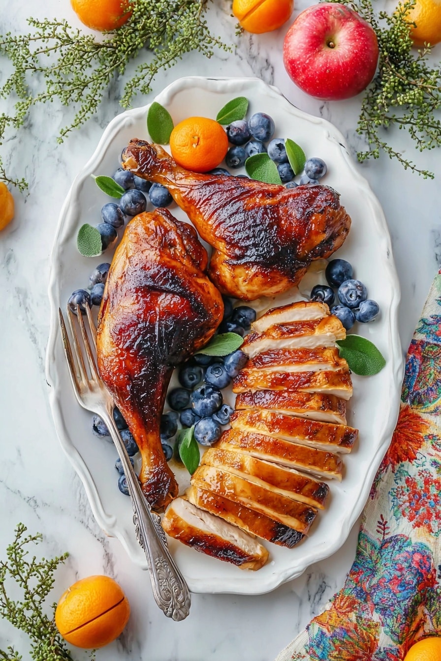 A white oval plate holds two dark brown cooked chicken drumsticks on the left side, their skin crispy and shiny. To the right of them, there are thick slices of golden brown roasted chicken breast arranged in two neat rows. Blueberries and green leaves are scattered around the chicken pieces for decoration. At the top of the plate, there is a small red apple and a cluster of blueberries. Near the bottom, a small orange fruit adds color. A vintage silver fork rests on the left edge of the plate. The plate sits on a white marbled surface, with some leafy green sprigs and orange fruits near the top left and a colorful cloth napkin on the bottom right. photo taken with an iphone --ar 2:3 --v 7 - Maple Glazed Roast Turkey, holiday turkey recipe, sweet-savory turkey, juicy roasted turkey, festive turkey dinner
