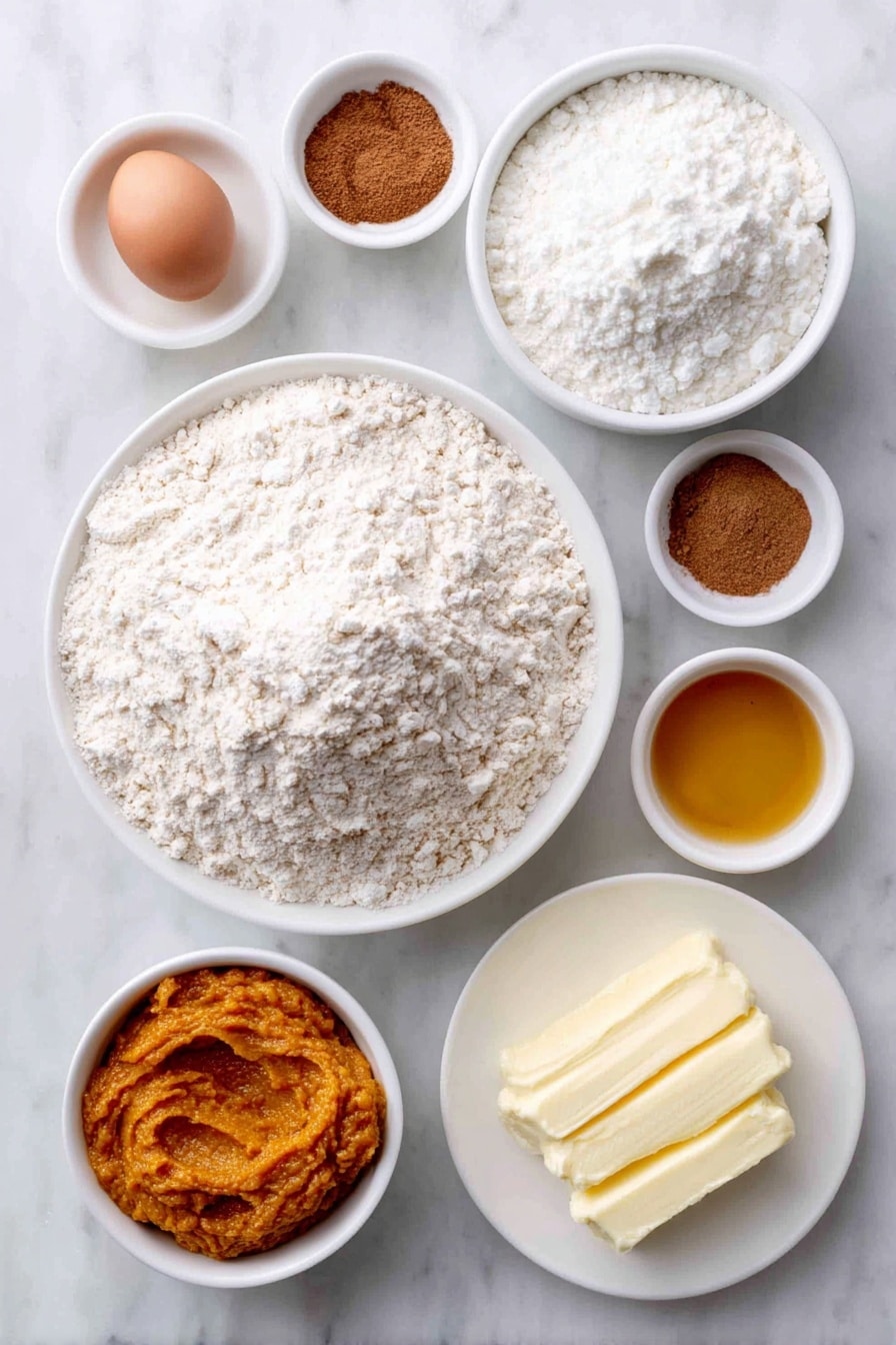 Flat lay of a small mound of white whole wheat flour, a white ceramic bowl with light brown baking powder, a small white bowl containing ground cinnamon, another small white bowl with ground nutmeg, a pinch of salt scattered neatly, a small white bowl of creamy milk, a smooth dollop of bright orange pumpkin purée on a white plate, a single whole uncracked brown egg, a small white bowl filled with golden maple syrup, a small white bowl of pale vanilla extract, and a white plate holding two tablespoons of melted butter, arranged symmetrically on a clean white marble surface, soft natural light, photo taken with an iPhone, professional food photography style, fresh ingredients, white ceramic bowls, no bottles, no duplicates, no utensils, no packaging --ar 2:3 --v 7 --p awthu7i m7354615311229779997 - Whole Wheat Pumpkin Pancakes, healthy pumpkin pancake recipe, fall breakfast ideas, wholesome pumpkin pancakes, easy pumpkin pancake recipe