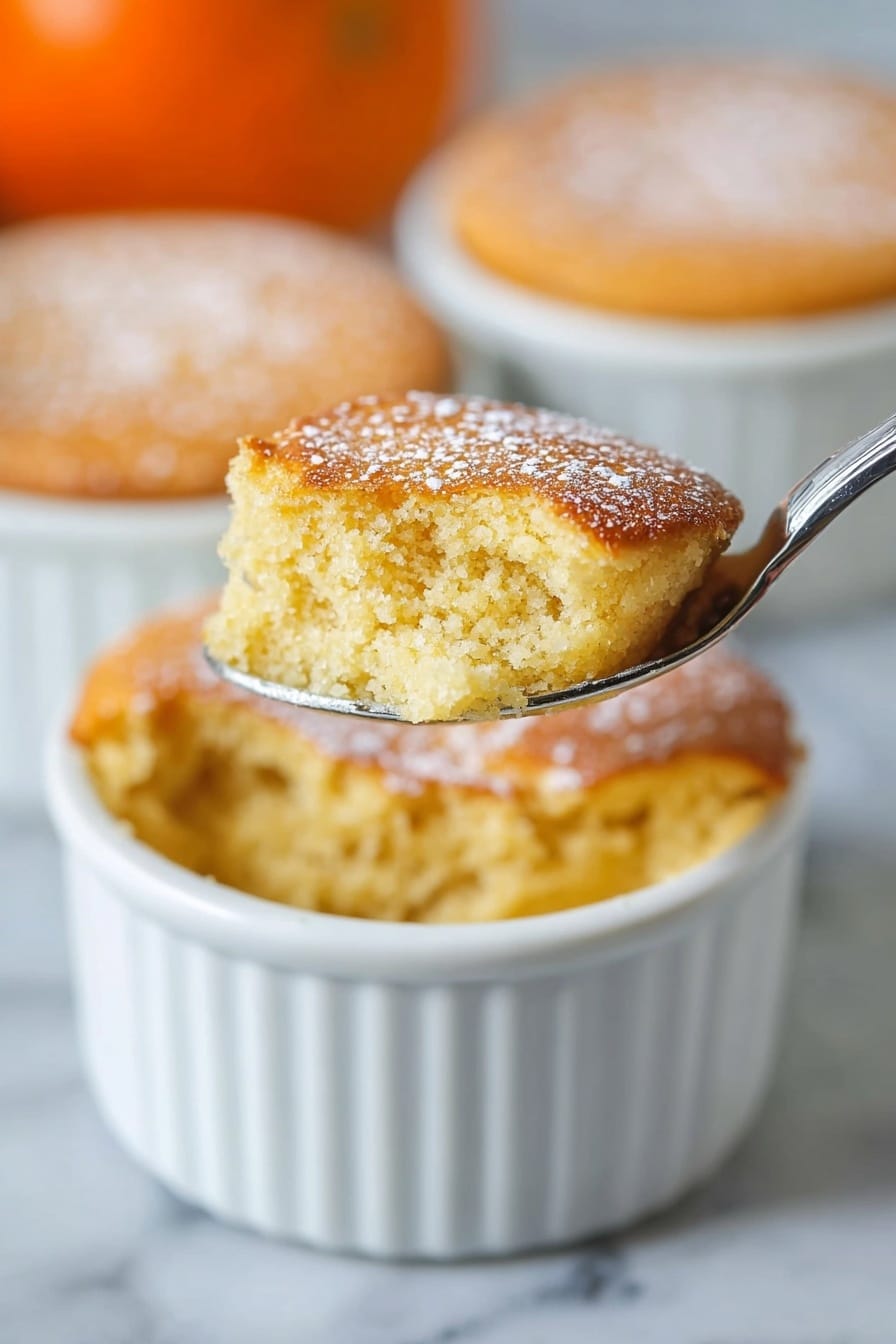 The image shows a white ramekin filled with a soft, light brown baked dessert that has a slightly rough texture on top with some small bubbles and a dusting of white powder. A spoon holds a scoop of the dessert above the ramekin, showing the crumbly yet moist inside with an even light golden-brown color. In the background, two more white ramekins with the same dessert can be seen softly blurred, all placed on a white marbled surface, and an orange object is faintly visible behind them. photo taken with an iphone --ar 2:3 --v 7 - Pumpkin Souffle, pumpkin souffle recipe, easy pumpkin dessert, fall pumpkin souffle, fluffy pumpkin dessert