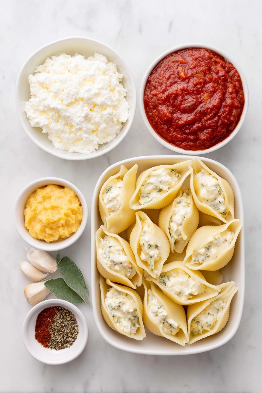 Flat lay of jumbo pasta shells, a small white bowl of whole milk ricotta cheese, a small white bowl of pumpkin puree, a small white bowl of grated parmesan cheese, two cloves of garlic, a few fresh sage leaves finely minced, a small white bowl of vibrant red marinara sauce, a pinch each of ground cinnamon and ground nutmeg, coarse salt and cracked black pepper arranged neatly in small white bowls, placed on a clean white marble surface, soft natural light, photo taken with an iPhone, professional food photography style, fresh ingredients, white ceramic bowls, no bottles, no duplicates, no utensils, no packaging --ar 2:3 --v 7 --p awthu7i m7354615311229779997 - Pumpkin Ricotta Stuffed Shells, stuffed shell recipes, pumpkin pasta bake, comforting fall pasta dish, cheesy pumpkin stuffed shells