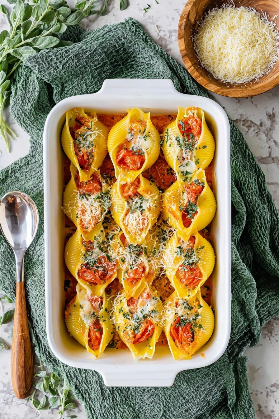 The image shows a white rectangular baking dish filled with bright yellow pasta shells arranged in two neat rows, each stuffed and topped with orange tomato slices and sprinkled with grated white cheese and small green herb pieces. The dish sits on a green cloth over a white marbled surface, with a wooden bowl of grated cheese to the right and a spoon with a wooden handle to the left. Fresh green herb leaves are also scattered around the setup. Photo taken with an iphone --ar 2:3 --v 7 - Pumpkin Ricotta Stuffed Shells, stuffed shell recipes, pumpkin pasta bake, comforting fall pasta dish, cheesy pumpkin stuffed shells